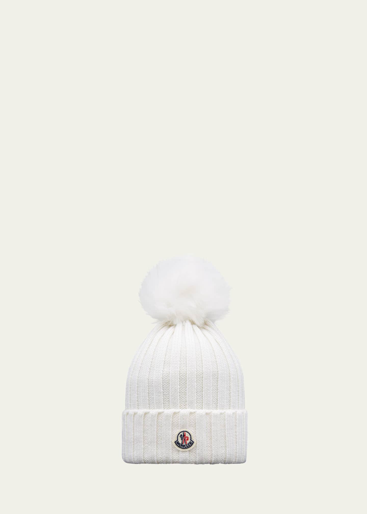 Moncler Ribbed Wool Beanie with Faux Fur Pom