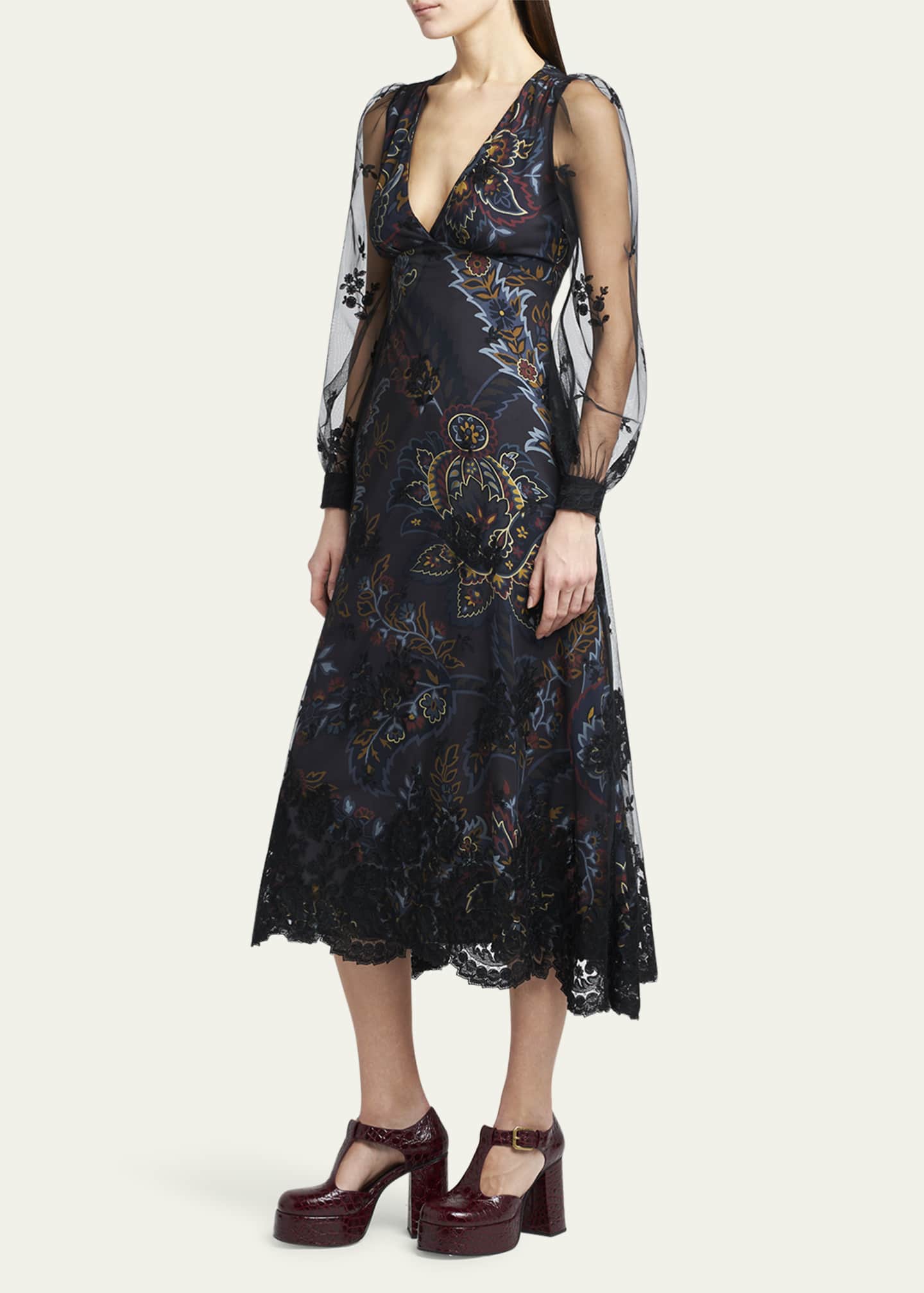 Etro Printed Floral Embroidered Balloon Sleeve Midi Dress  