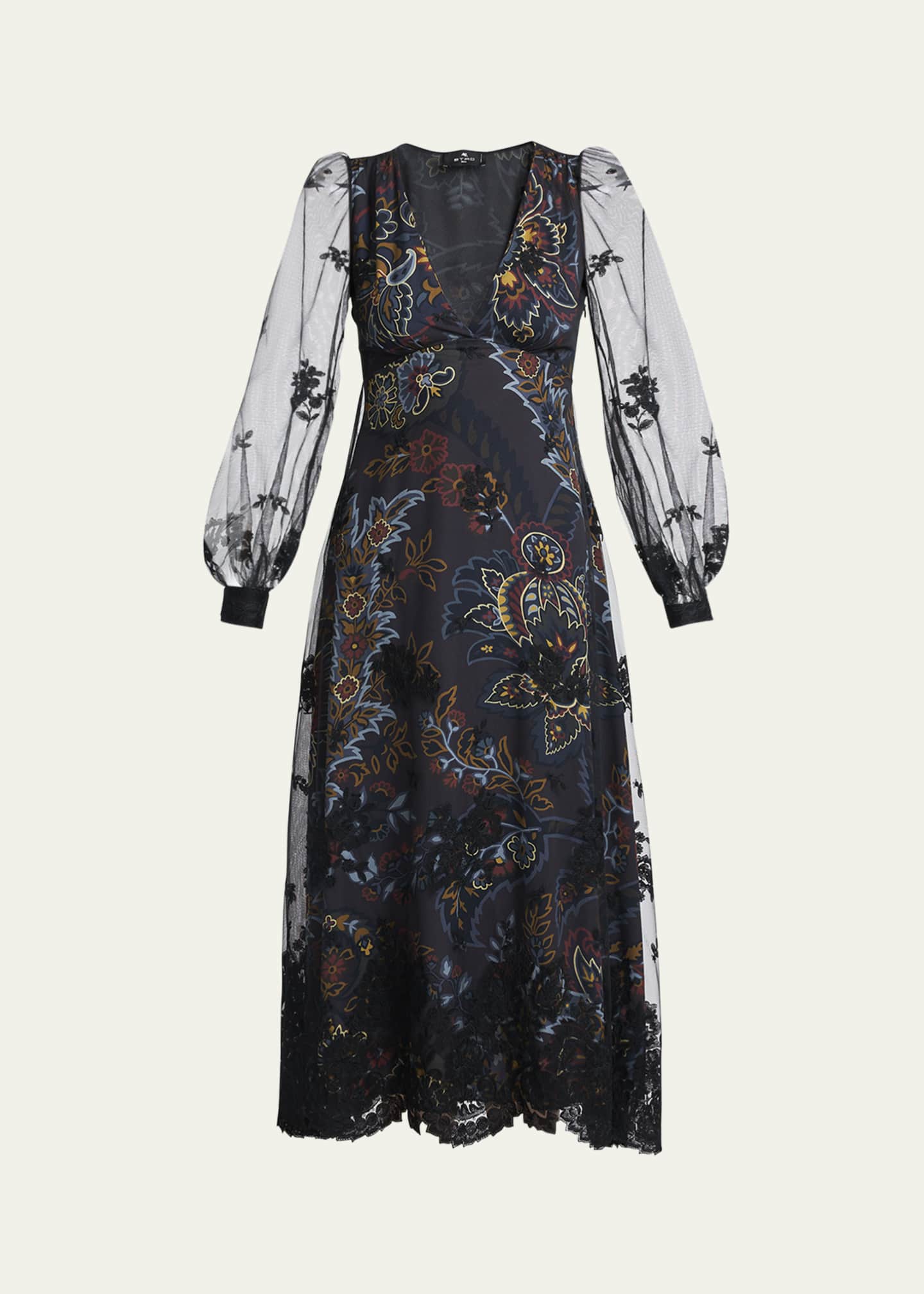 Etro Printed Floral Embroidered Balloon Sleeve Midi Dress  