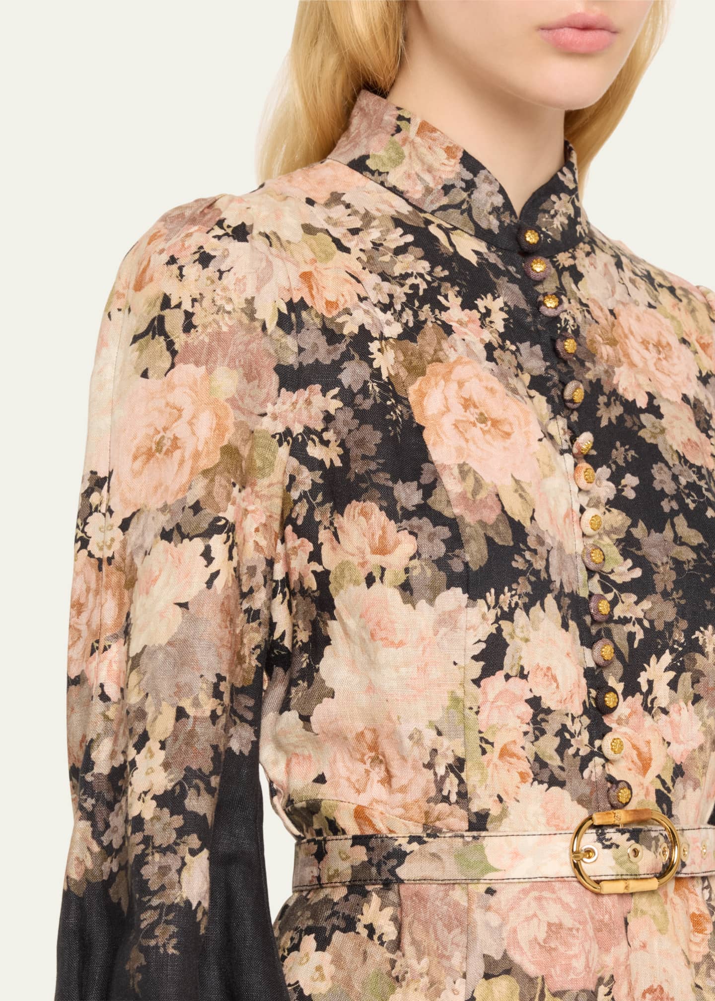 Zimmermann Floral-Print Long-Sleeve Belted Linen Midi Dress - Bergdorf ...