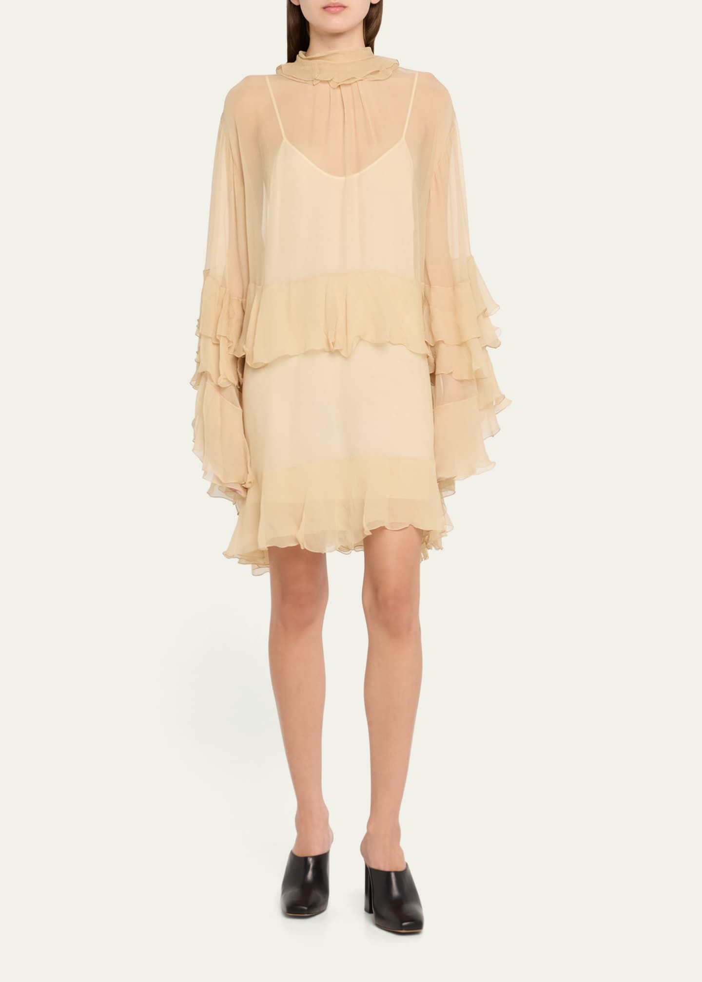 Chloe Silk Mousseline Mini Dress with Ruffle Details Image 2 of 5