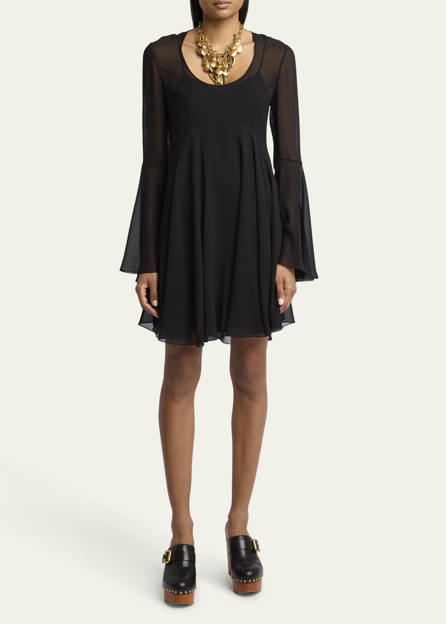 Bell Sleeve Silk Georgette Mini Dress