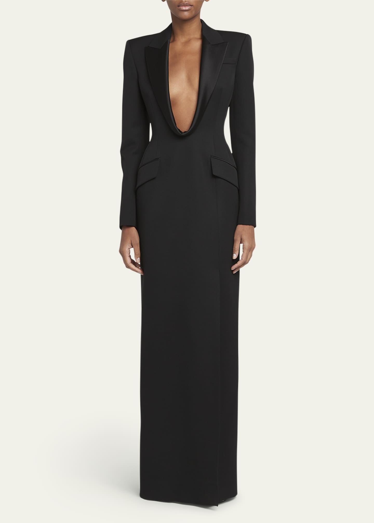 McQueen Plunging Tuxedo Blazer Wool Column Gown Image 2 of 5