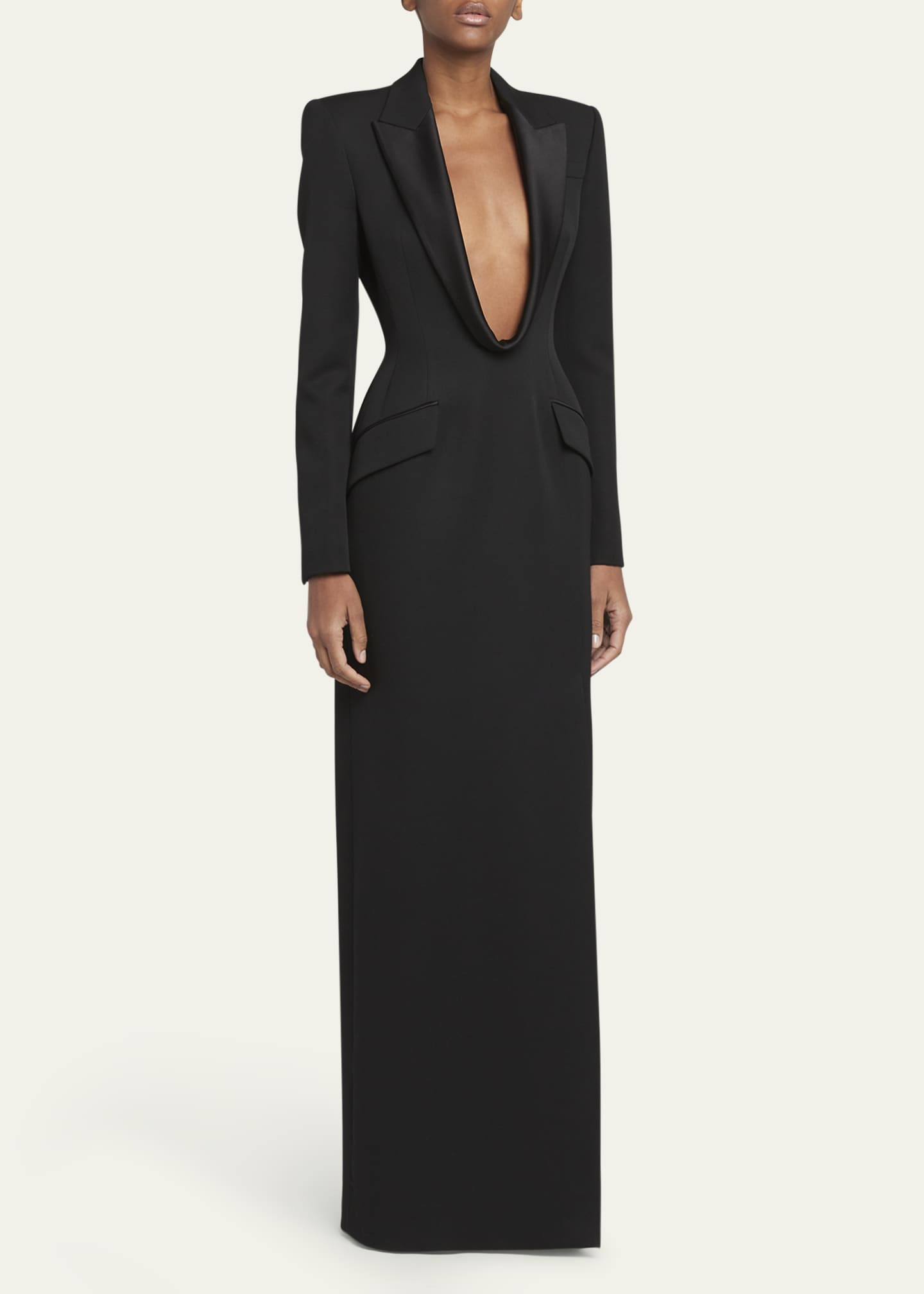 McQueen Plunging Tuxedo Blazer Wool Column Gown Image 4 of 5