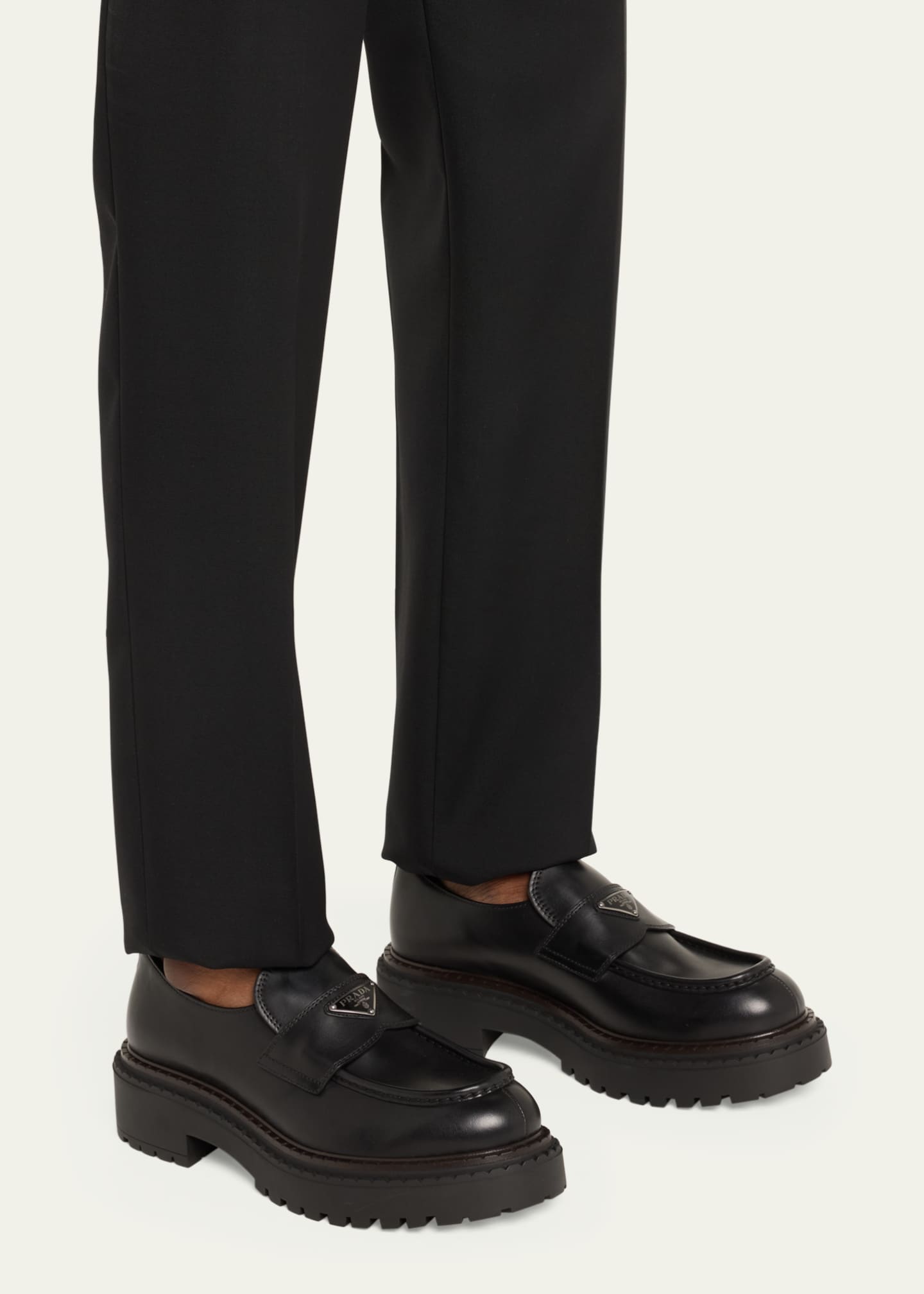 Prada Men's Double Chocolate Leather Penny Loafers Image 2 of 5
