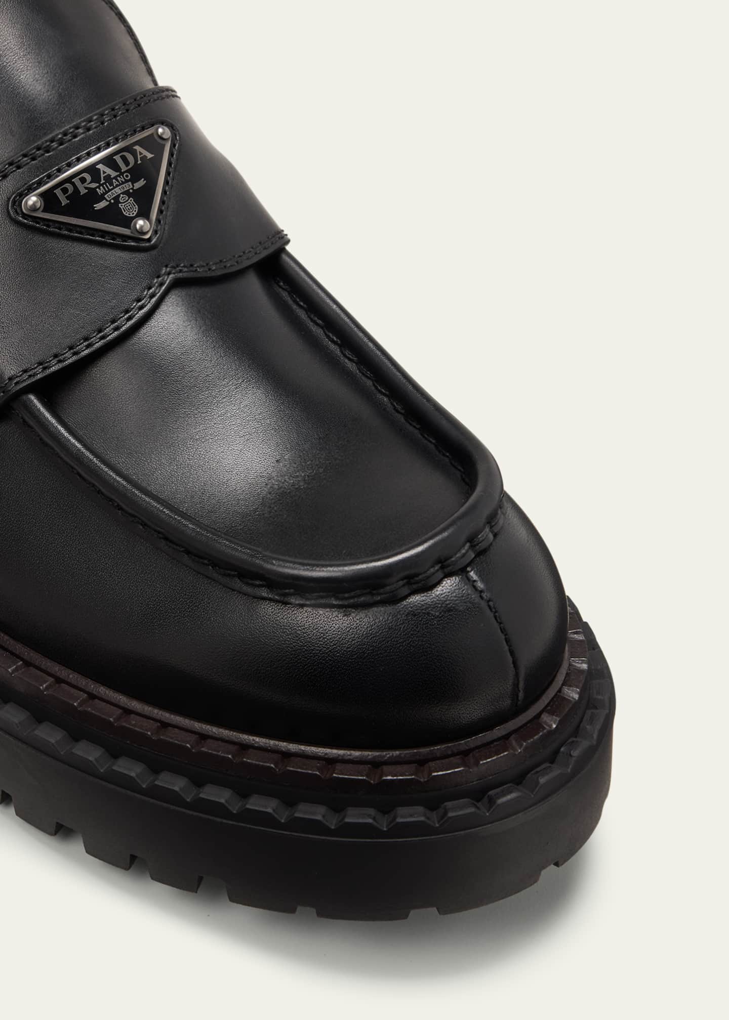 Prada Men's Double Chocolate Leather Penny Loafers Image 5 of 5