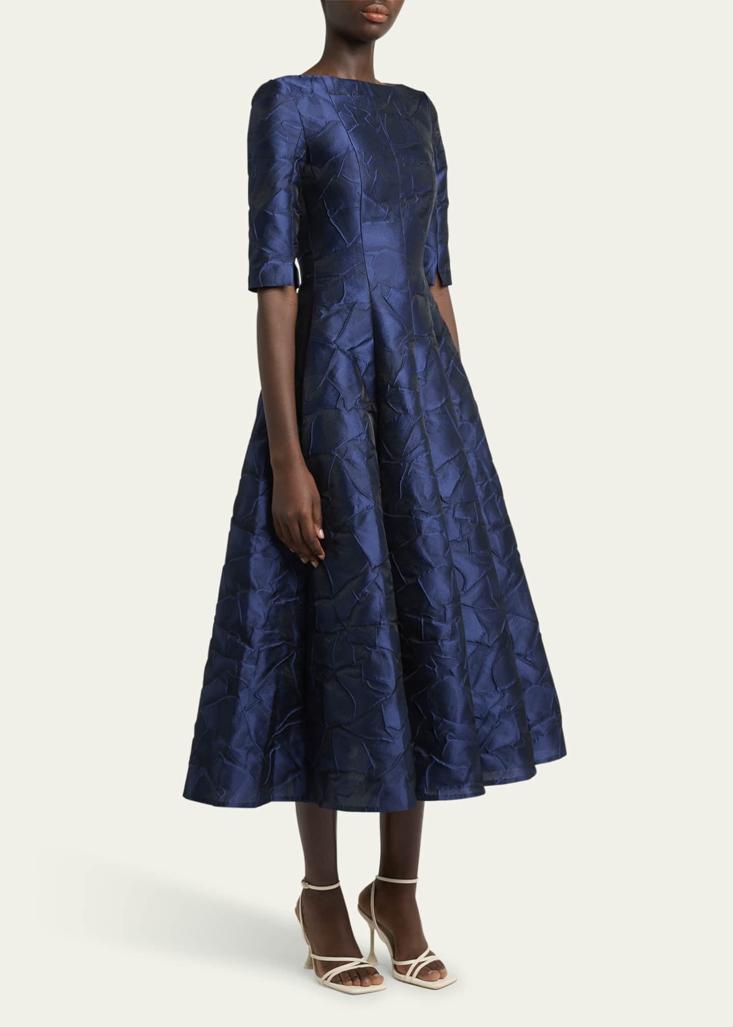 Talbot Runhof Ruffles Jacquard Fit-Flare Midi Dress Image 4 of 5