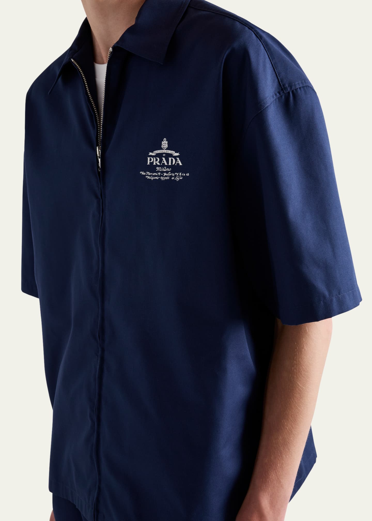 柔らかな質感の Men's Prada Poplin Bergdorf - Shirt Full-Zip Logo Archive トップス