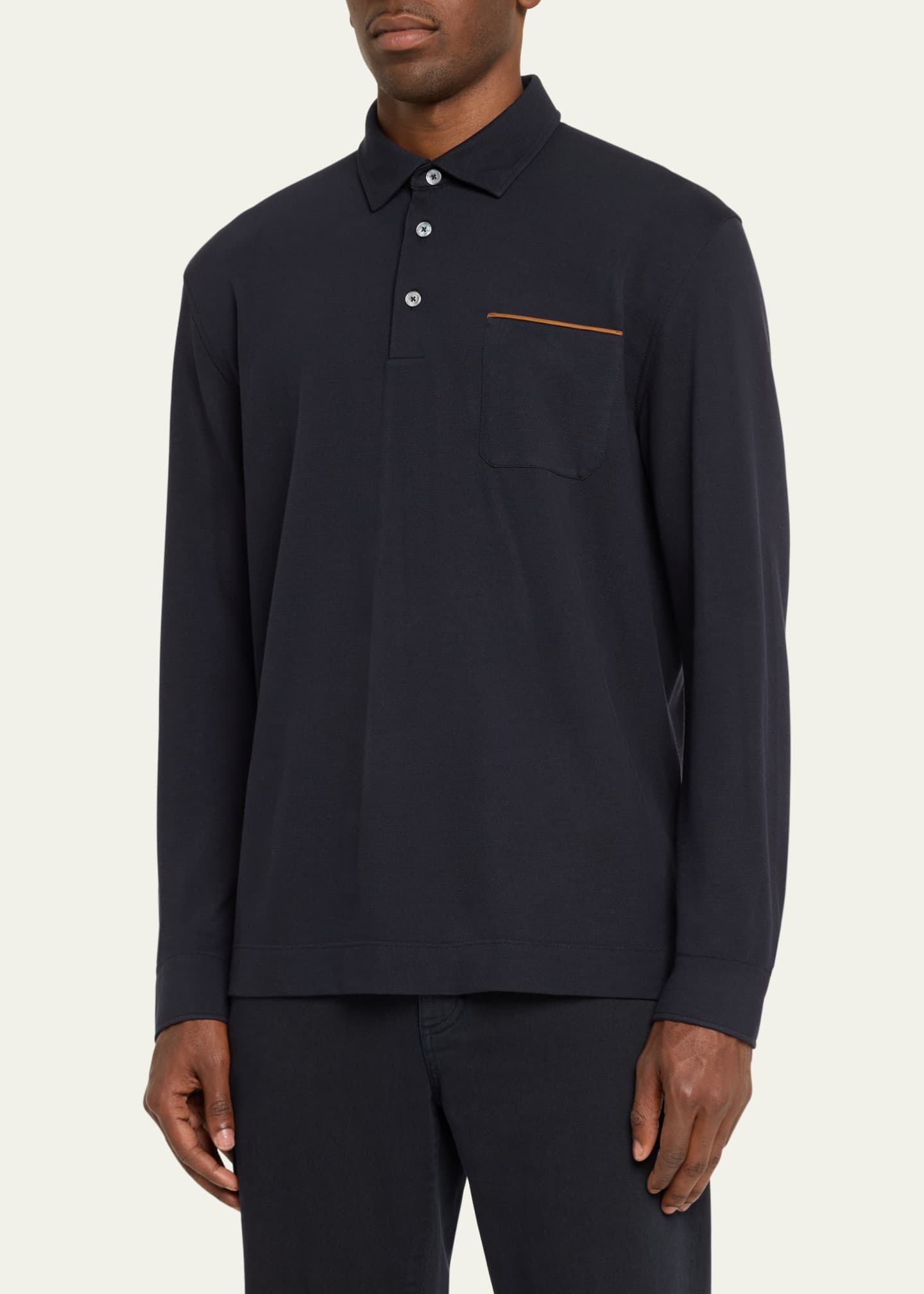 ZEGNA Men s Long Sleeve Polo Shirt with Leather Trim Pocket Bergdorf Goodman