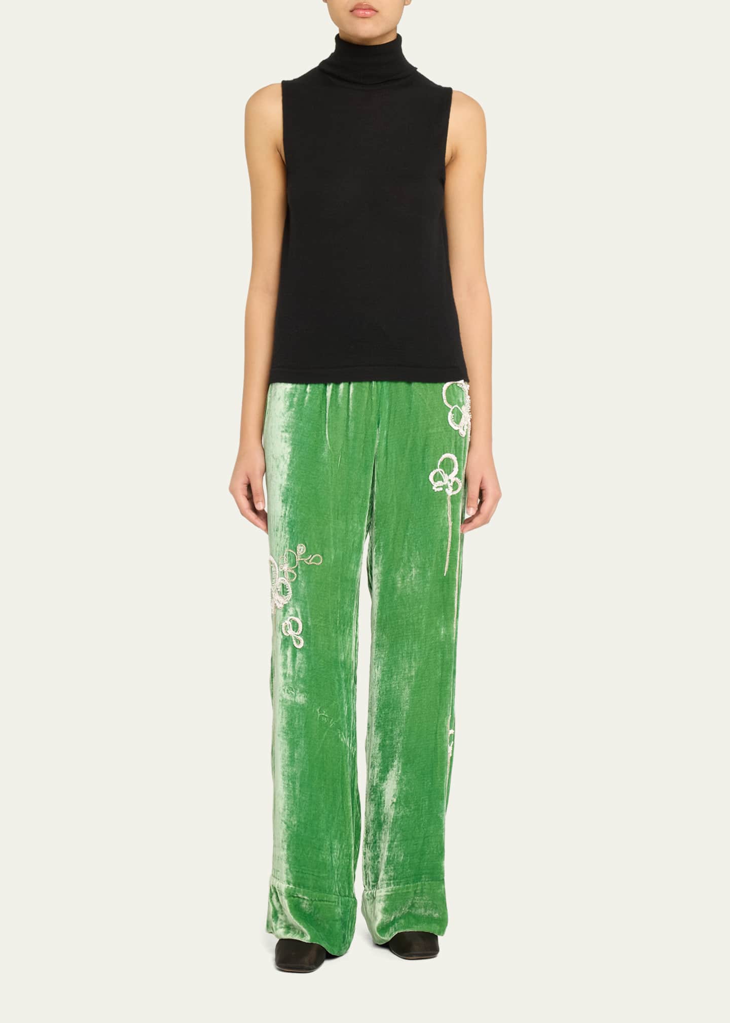 BERNADETTE Flower Embroidered Drawstring Velvet Pants Image 2 of 5