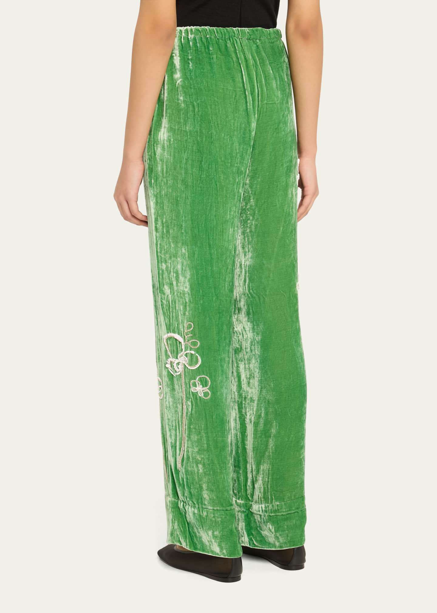 BERNADETTE Flower Embroidered Drawstring Velvet Pants Image 3 of 5