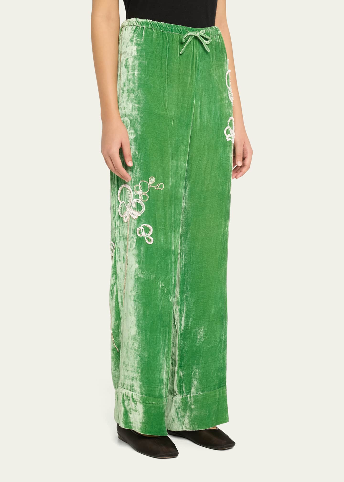 BERNADETTE Flower Embroidered Drawstring Velvet Pants Image 4 of 5