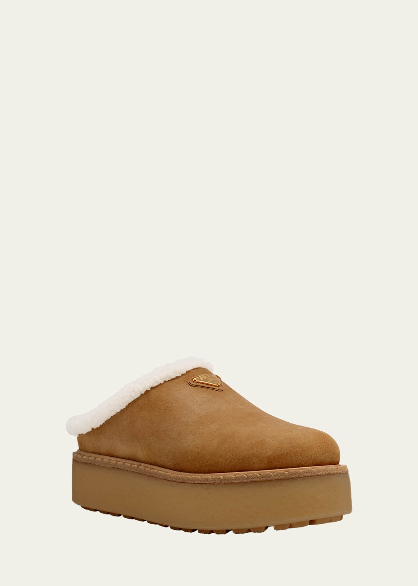 Prada Suede Shearling Cozy Platform Mules Image 3 of 6