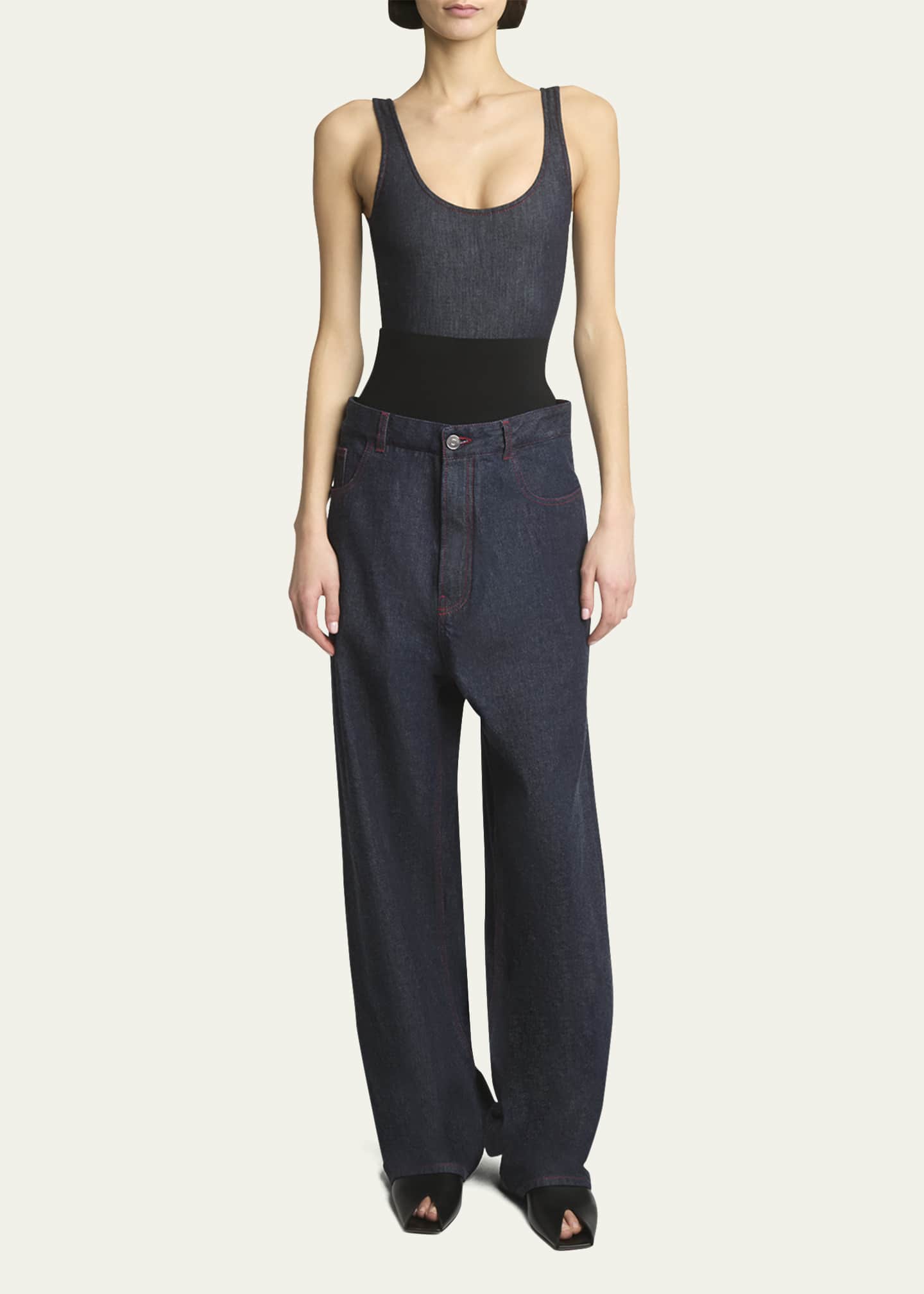Knit Waistband Dark Wash Denim Pants