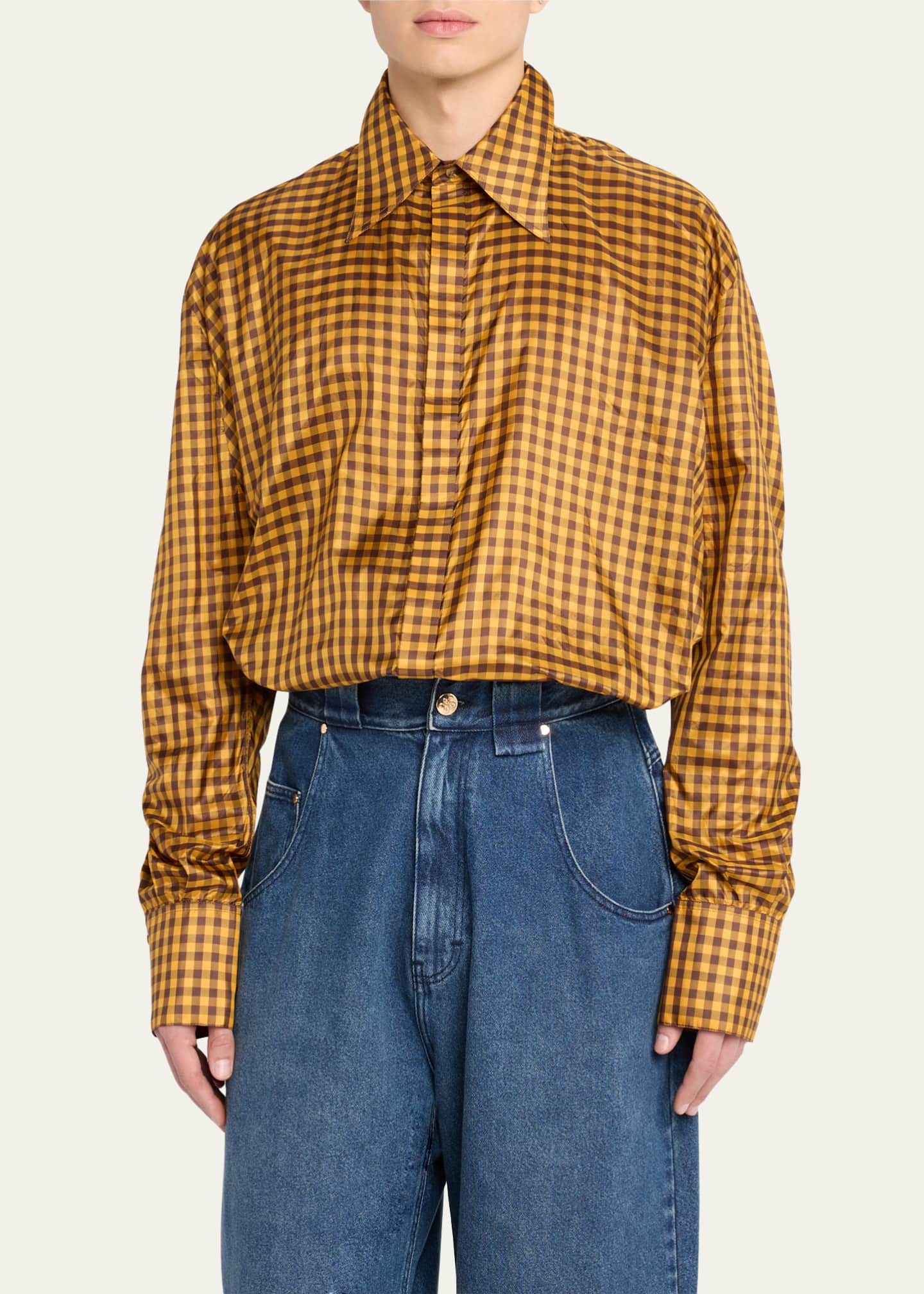 BIANCA SAUNDERS Men's Gingham Silk Sport Shirt Image 4 of 5
