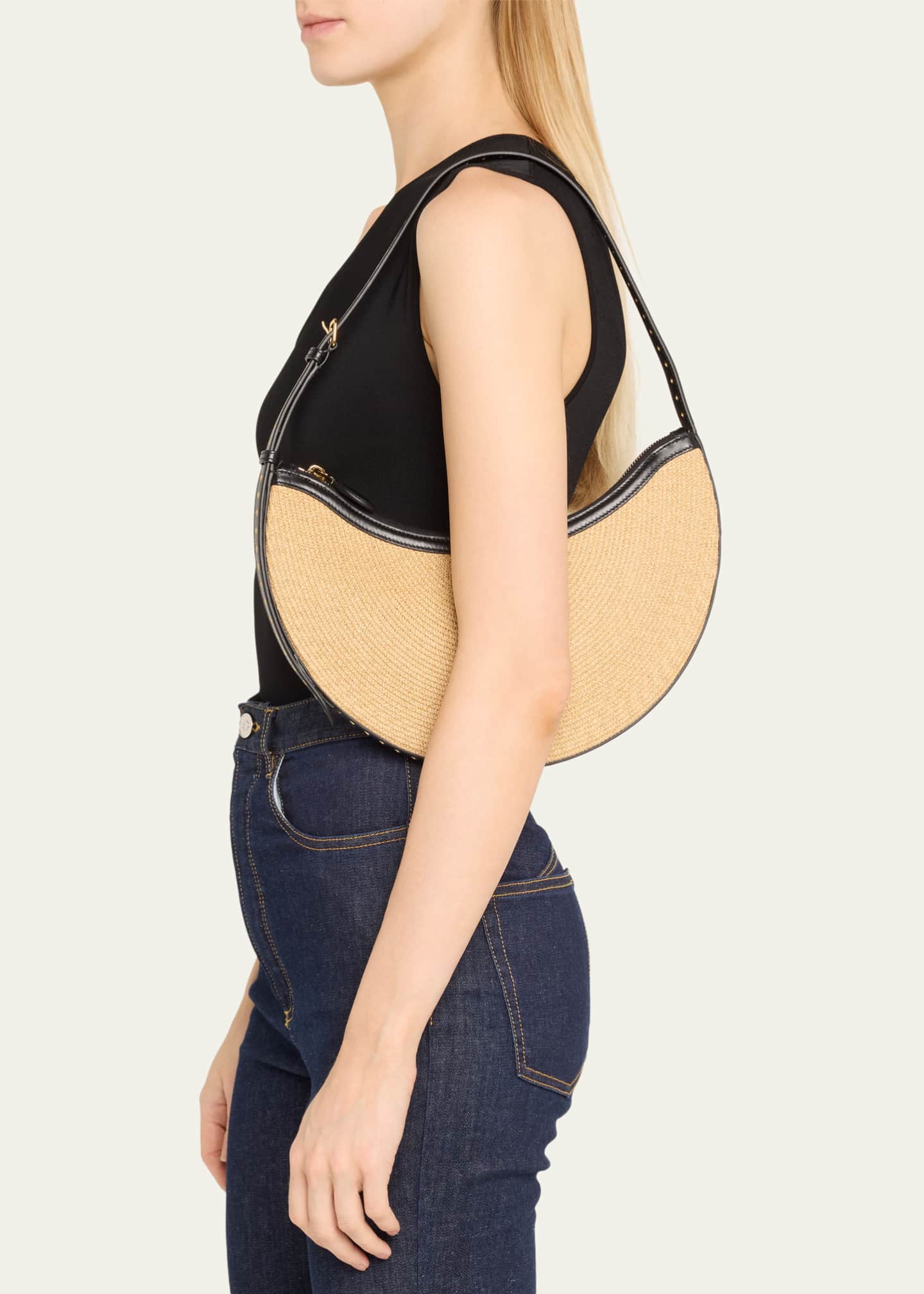 ALAIA One Piece Demi Shoulder Bag in Paper Straw and Leather