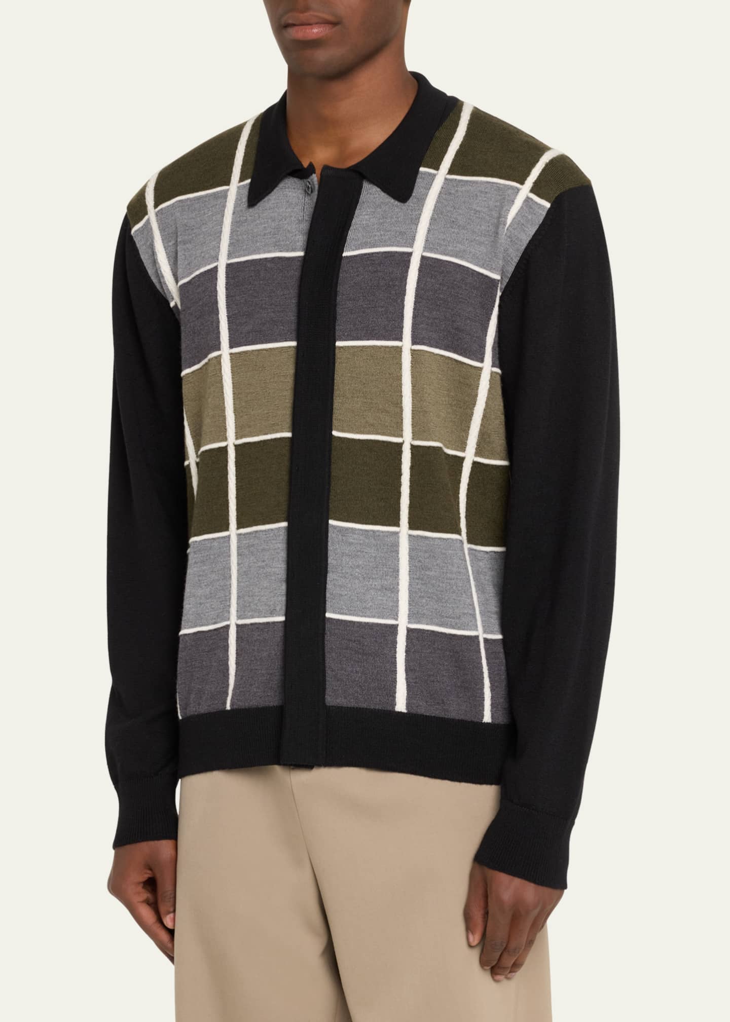 Officine Generale Men s Square Print Wool Button Down Sweater