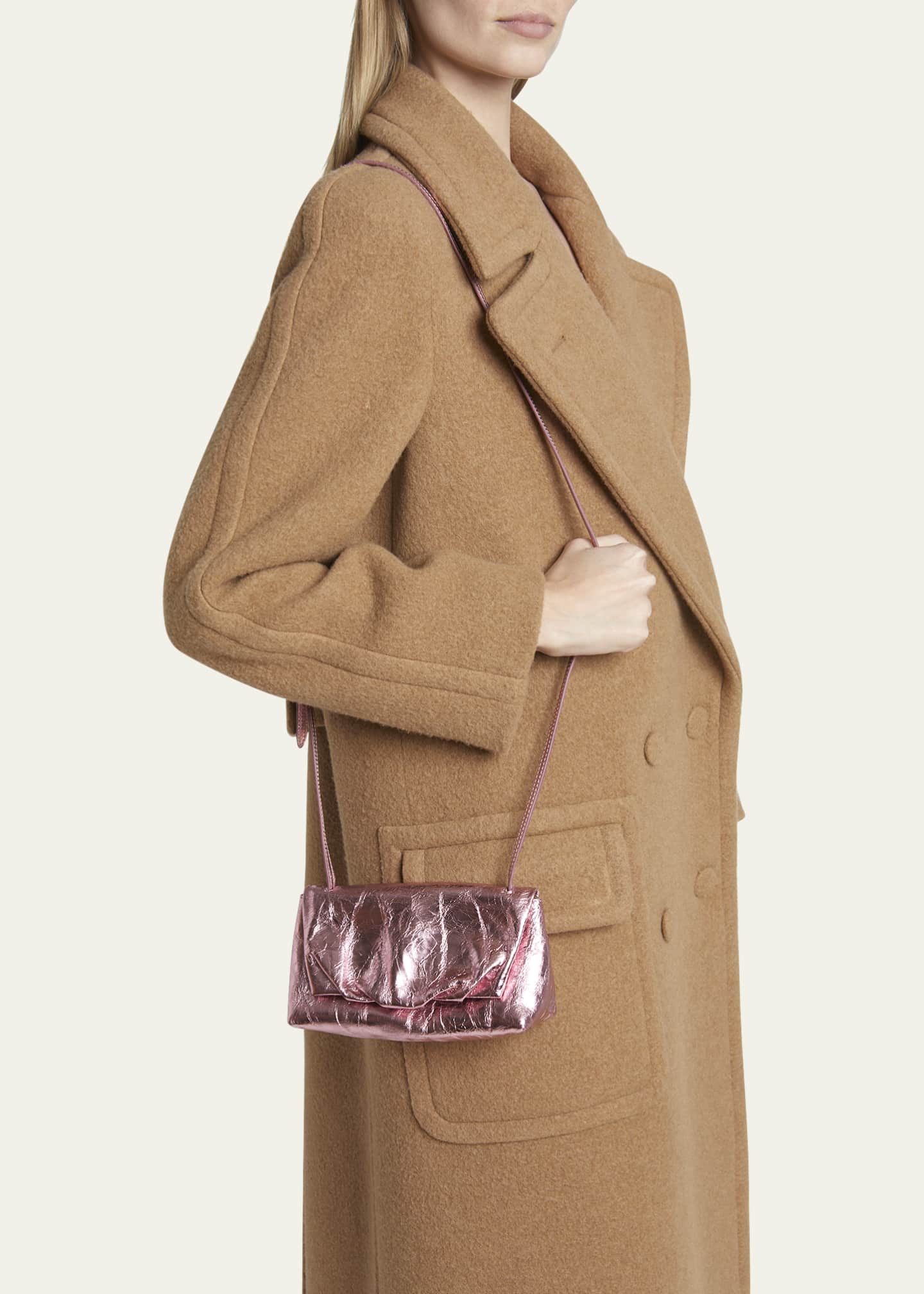 Dries Van Noten Women s Mini Soft Flap Crinkled Metallic Leather Crossbody Bag Pink Shoulder Bags