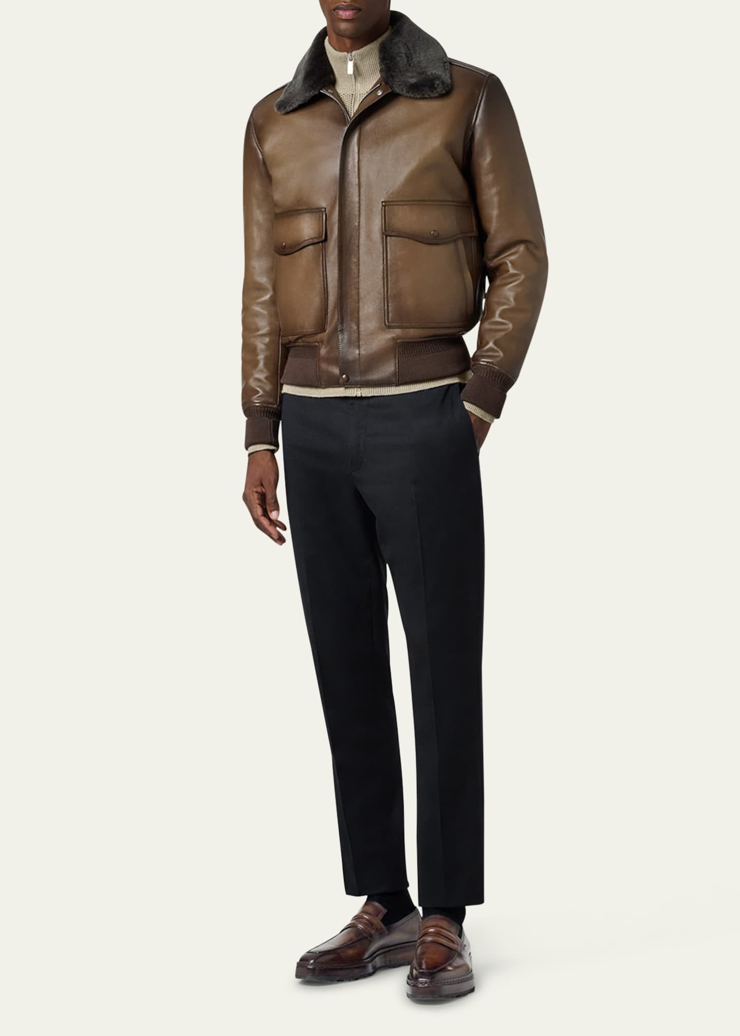 Berluti Men's Leather & Shearling Collar Bomber Jacket Image 2 of 5