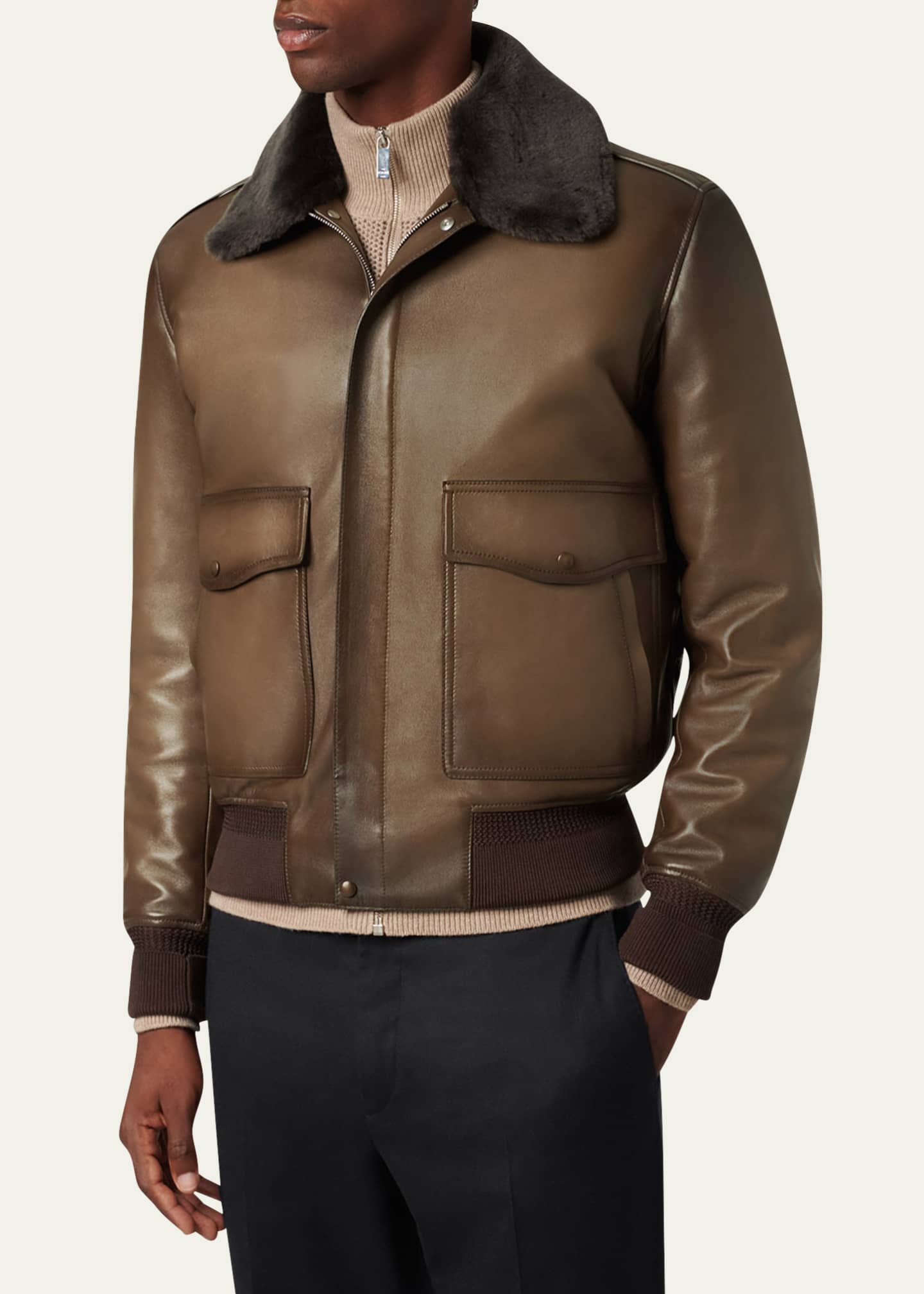 Berluti Men's Leather & Shearling Collar Bomber Jacket Image 4 of 5
