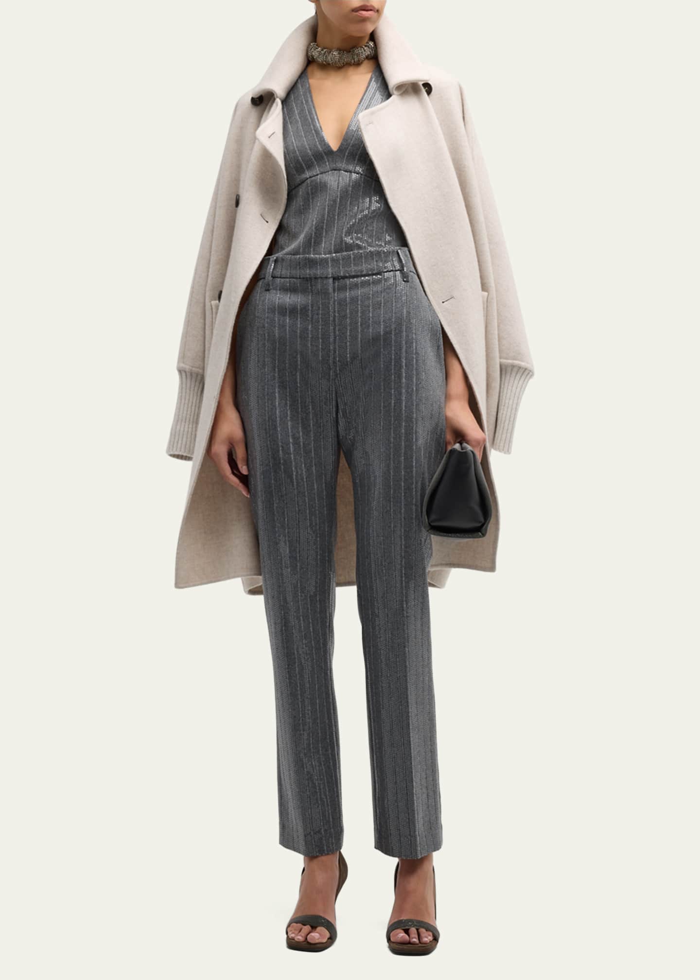 Brunello Cucinelli Pinstripe Sequin Embroidered Flannel Sleeveless Top Image 2 of 5
