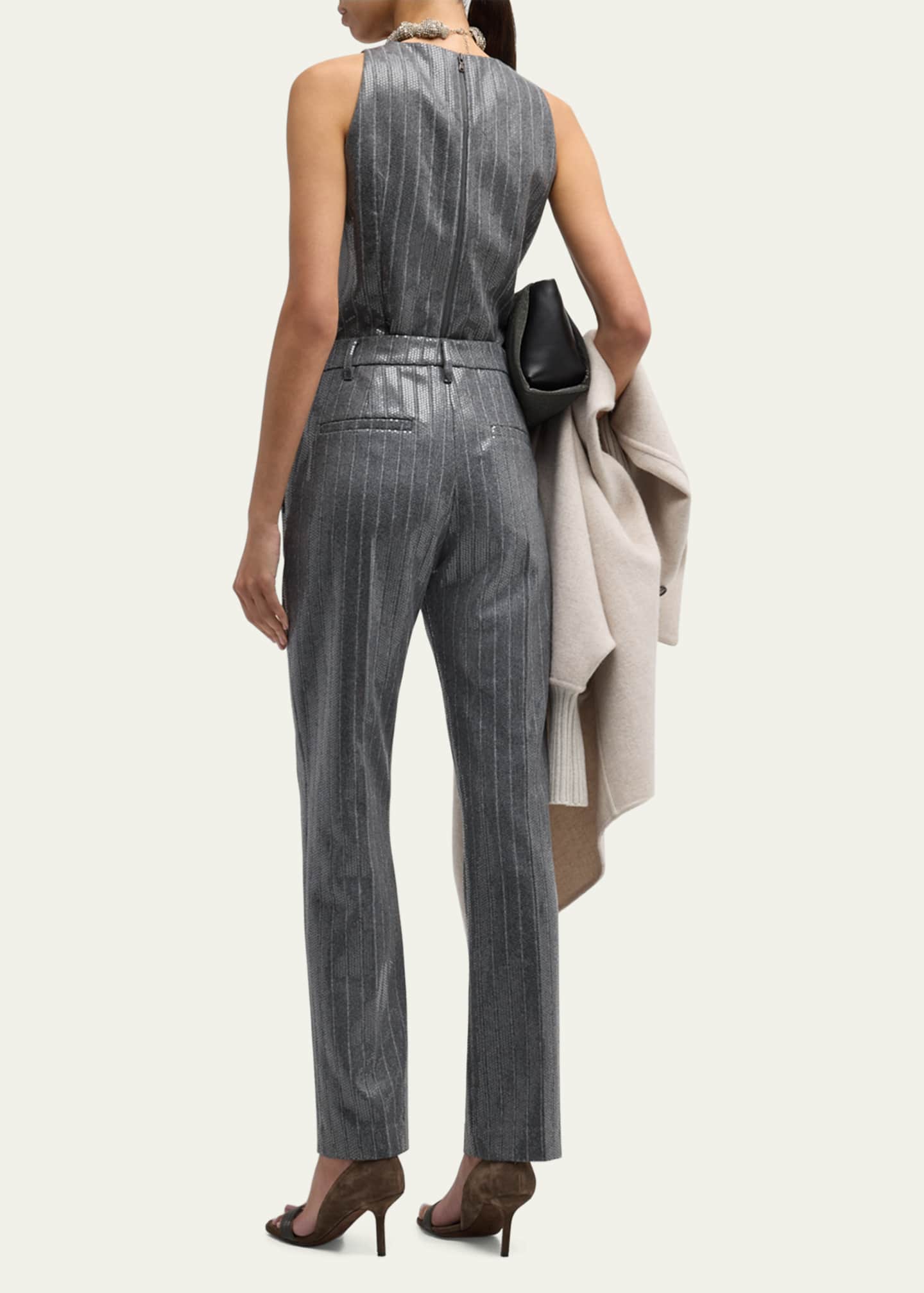 Brunello Cucinelli Pinstripe Sequin Embroidered Flannel Sleeveless Top Image 3 of 5