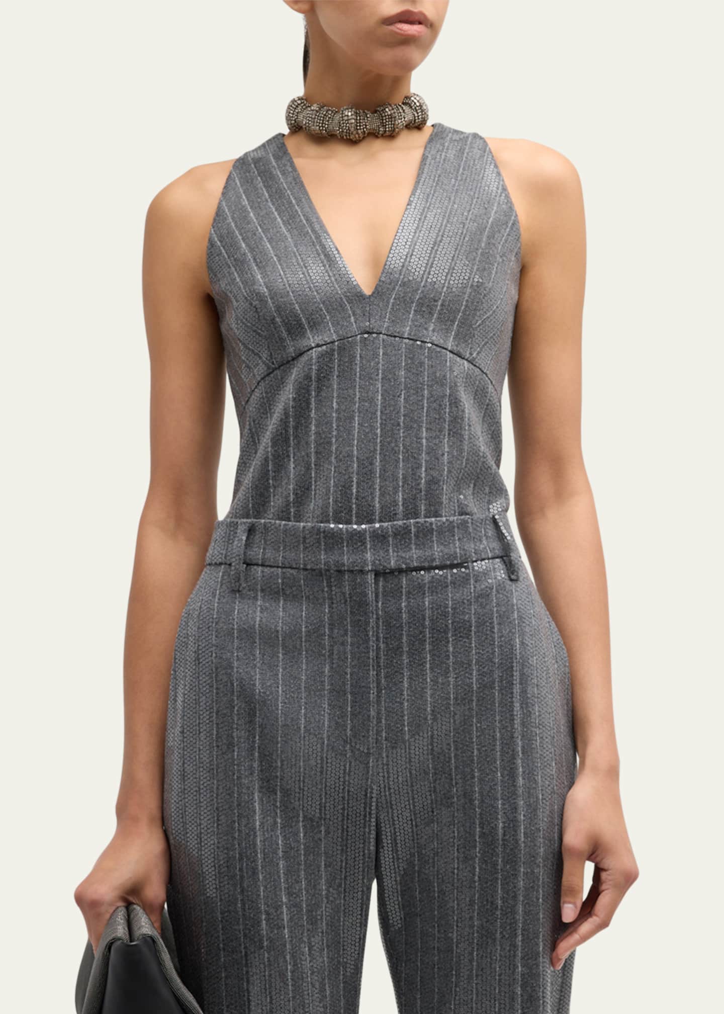 Brunello Cucinelli Pinstripe Sequin Embroidered Flannel Sleeveless Top Image 4 of 5