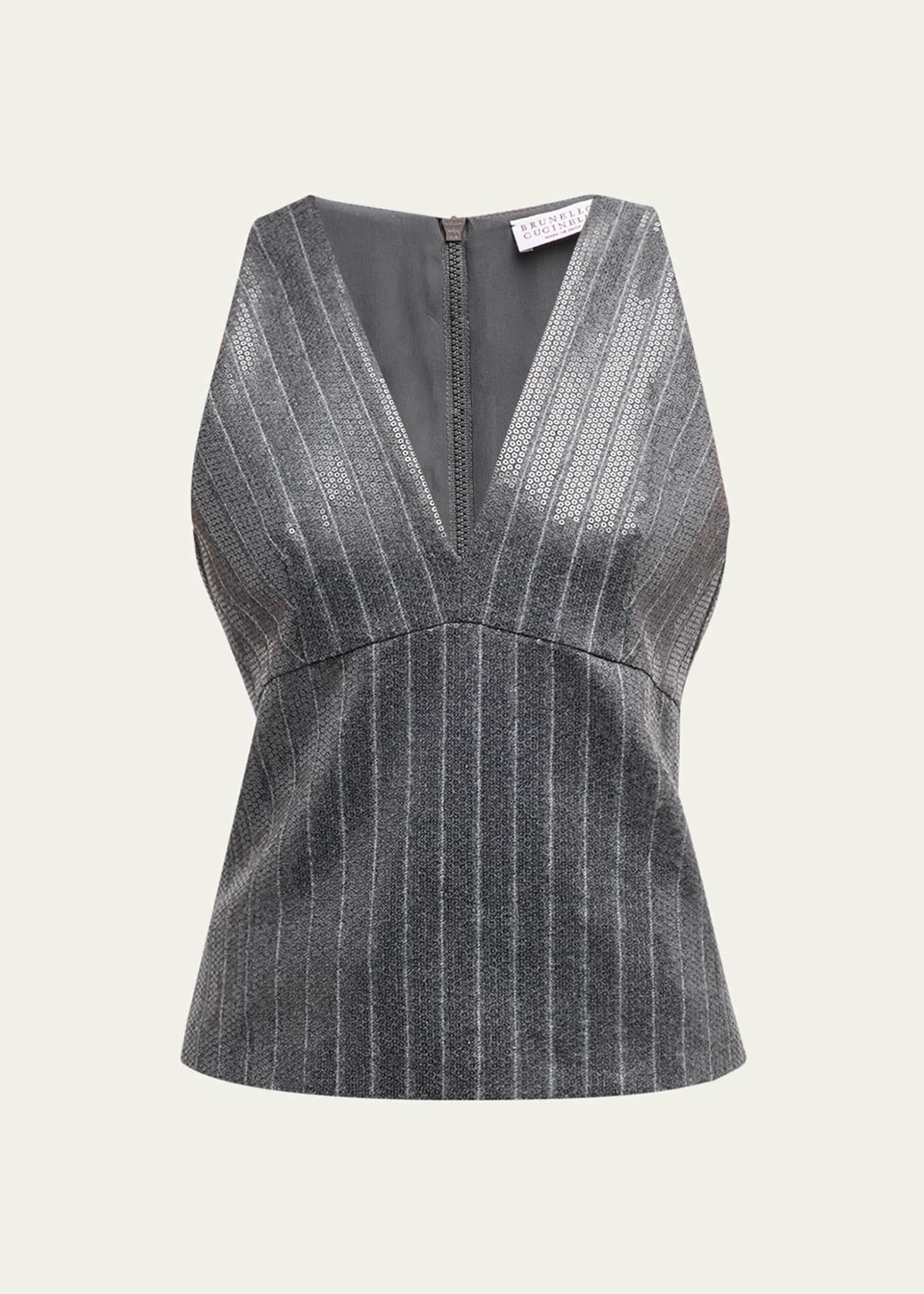 Brunello Cucinelli Pinstripe Sequin Embroidered Flannel Sleeveless Top Image 1 of 5