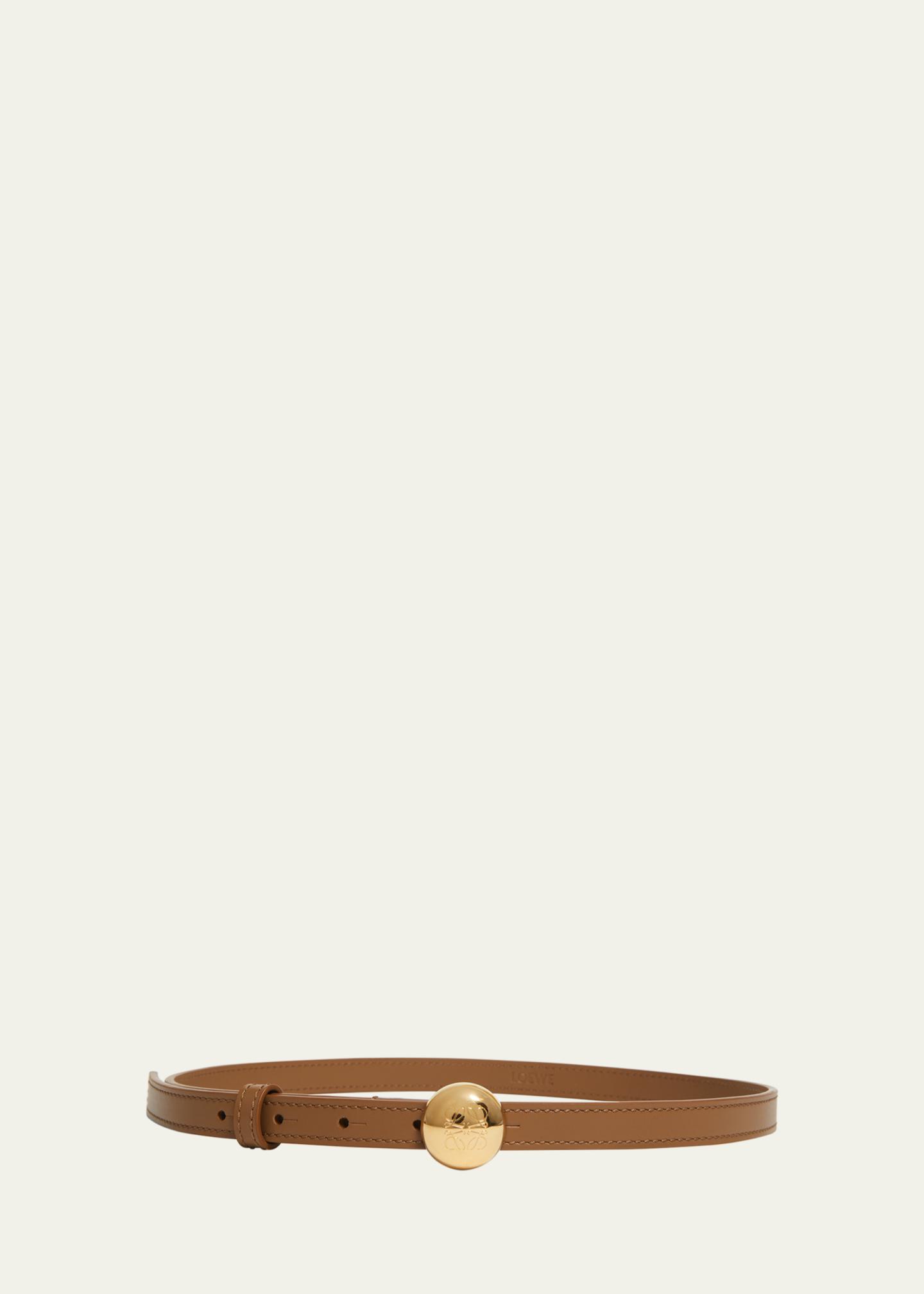 Loewe Tan Leather Slim Belt with Gold Ribbed Buckle LOEWE Pebble Leather Skinny Belt - Bergdorf Goodman main image 3