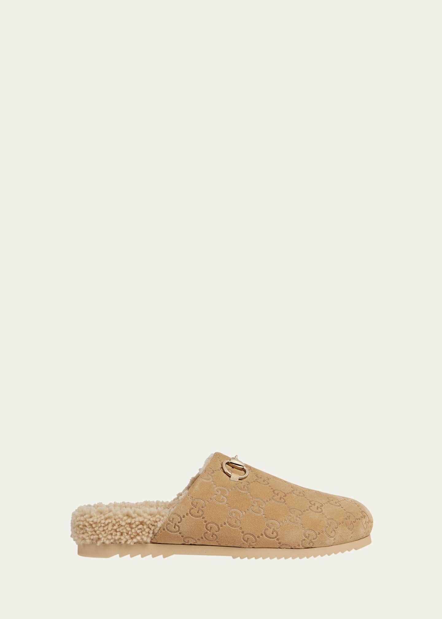 Gucci Horsebit GG Suede Shearling Mules - Bergdorf Goodman