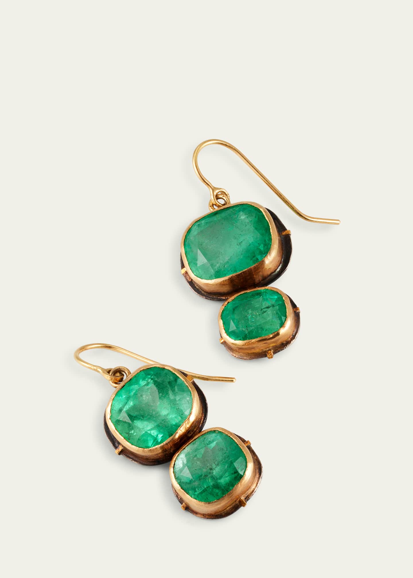 JUDY GEIB Yellow Gold Cushion Cut Colombian Emerald Double Drop Earrings Image 3 of 4