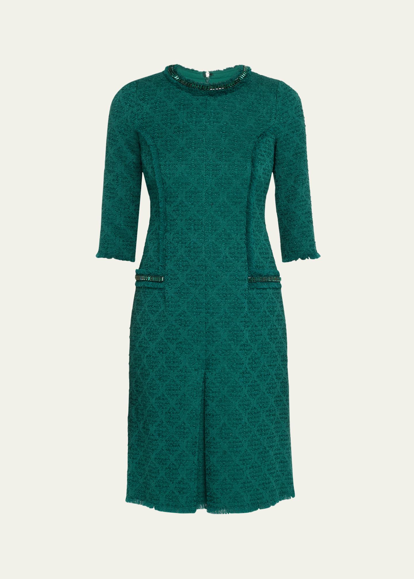 green boucle dress Rickie Freeman for Teri Jon Fringe-Trim Stretch Midi dress