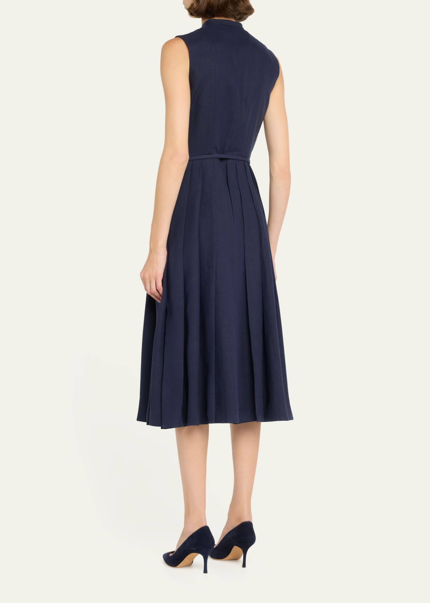 Ralph Lauren Collection Freida Pleated Leather Belt Midi Linen Dress Bergdorf Goodman