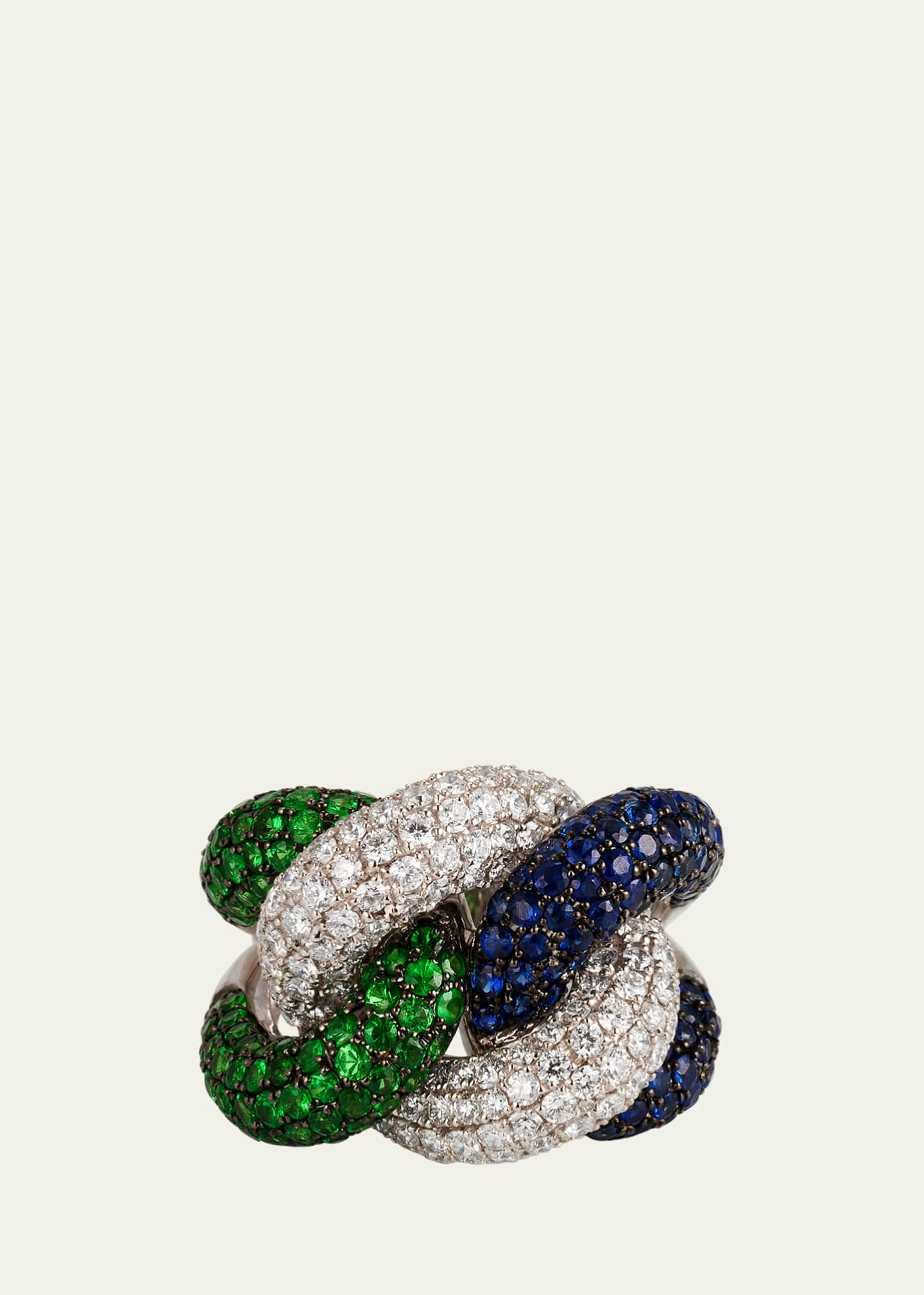 Mio Harutaka 18K White Gold Rope Chain Ring with Sapphire, Garnet, and Diamonds Image 1 of 4