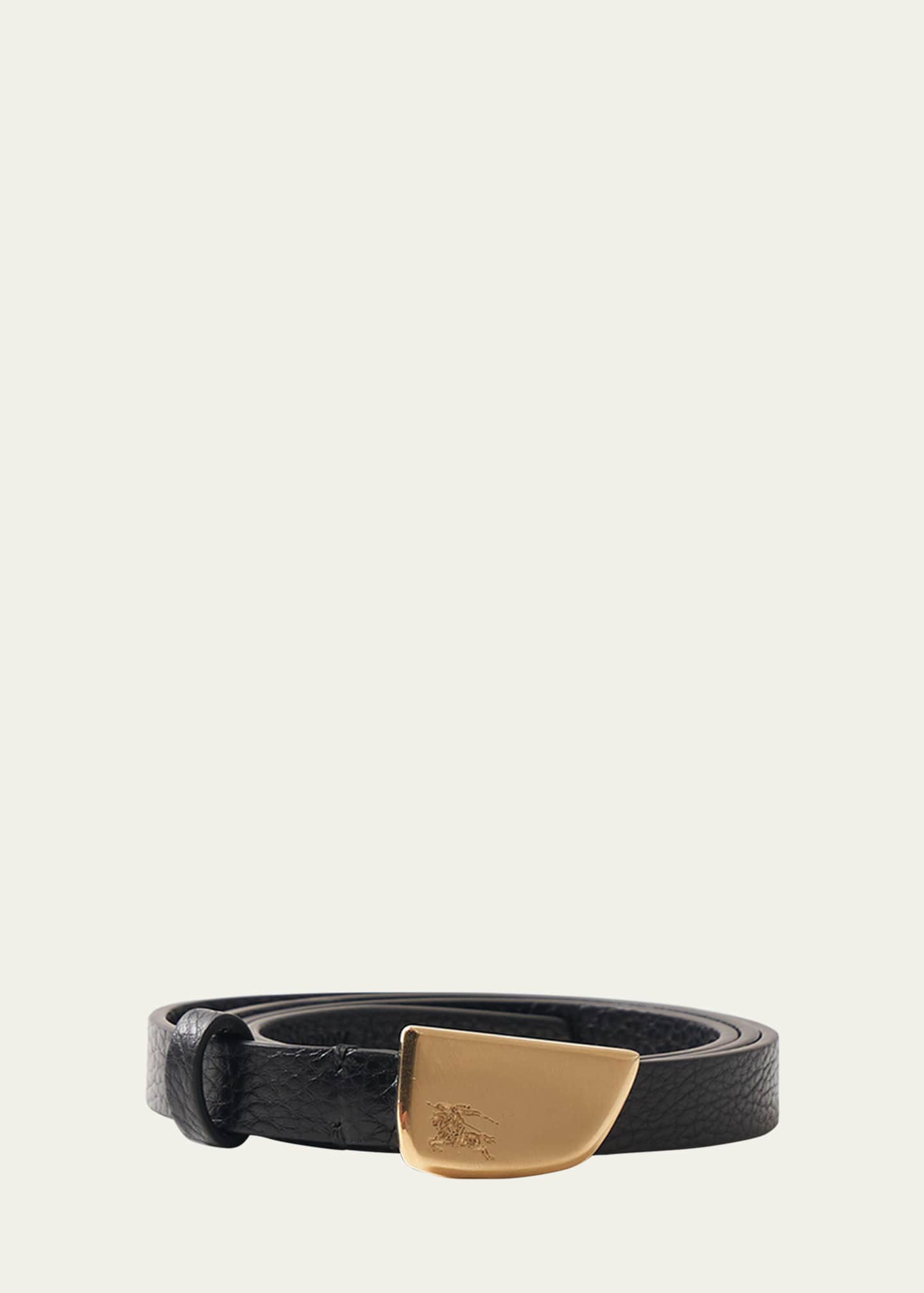 Burberry Brushed Shield Buckled Black Leather Skinny Belt