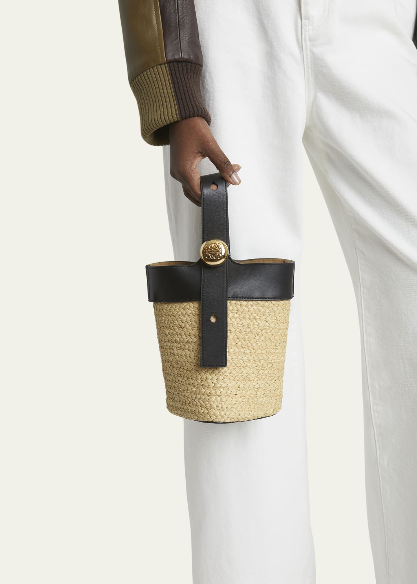 Loewe Mini Pebble Raffia Leather Bucket Bag Natural Black