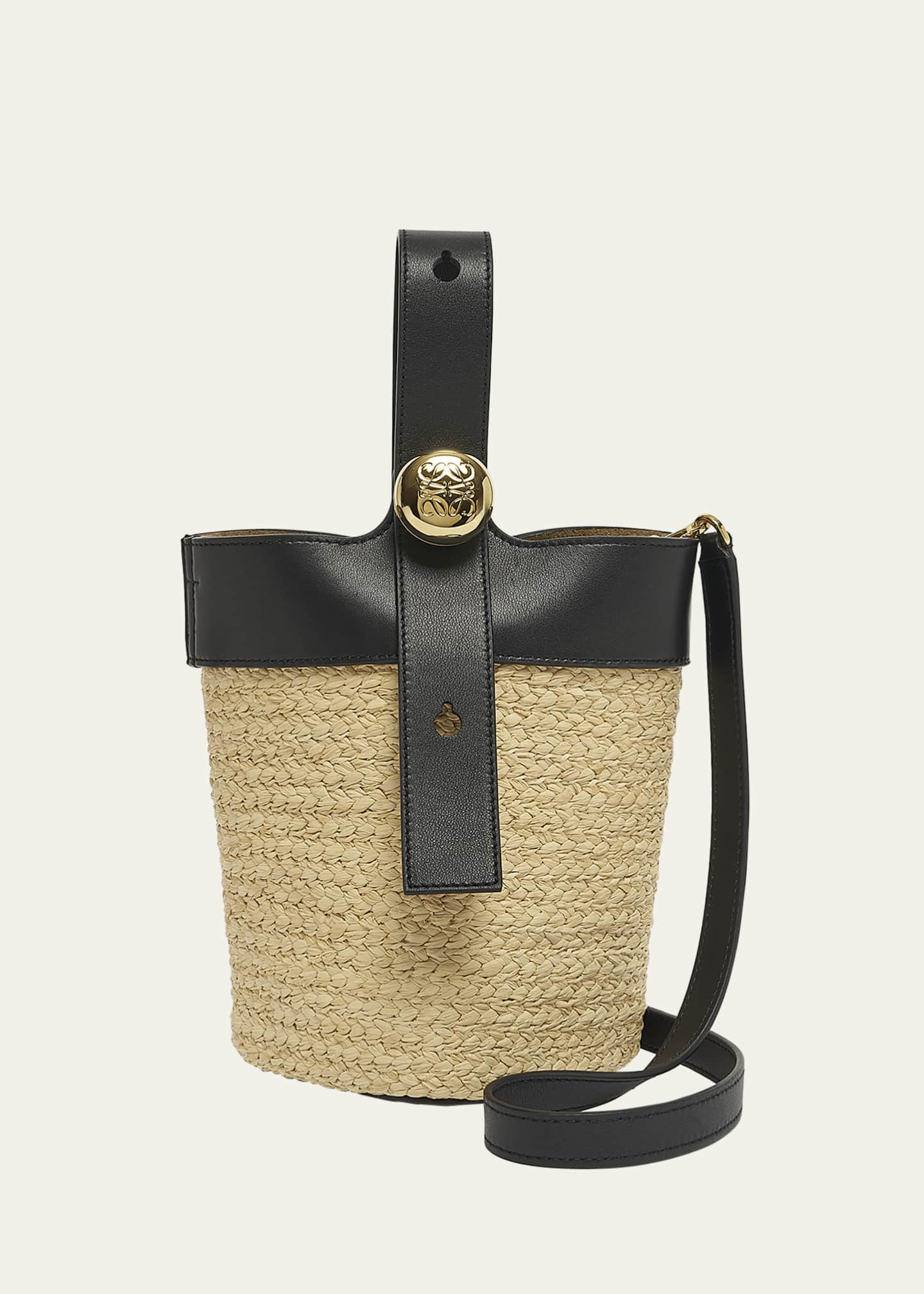 Loewe Mini Pebble Raffia Leather Bucket Bag Natural Black