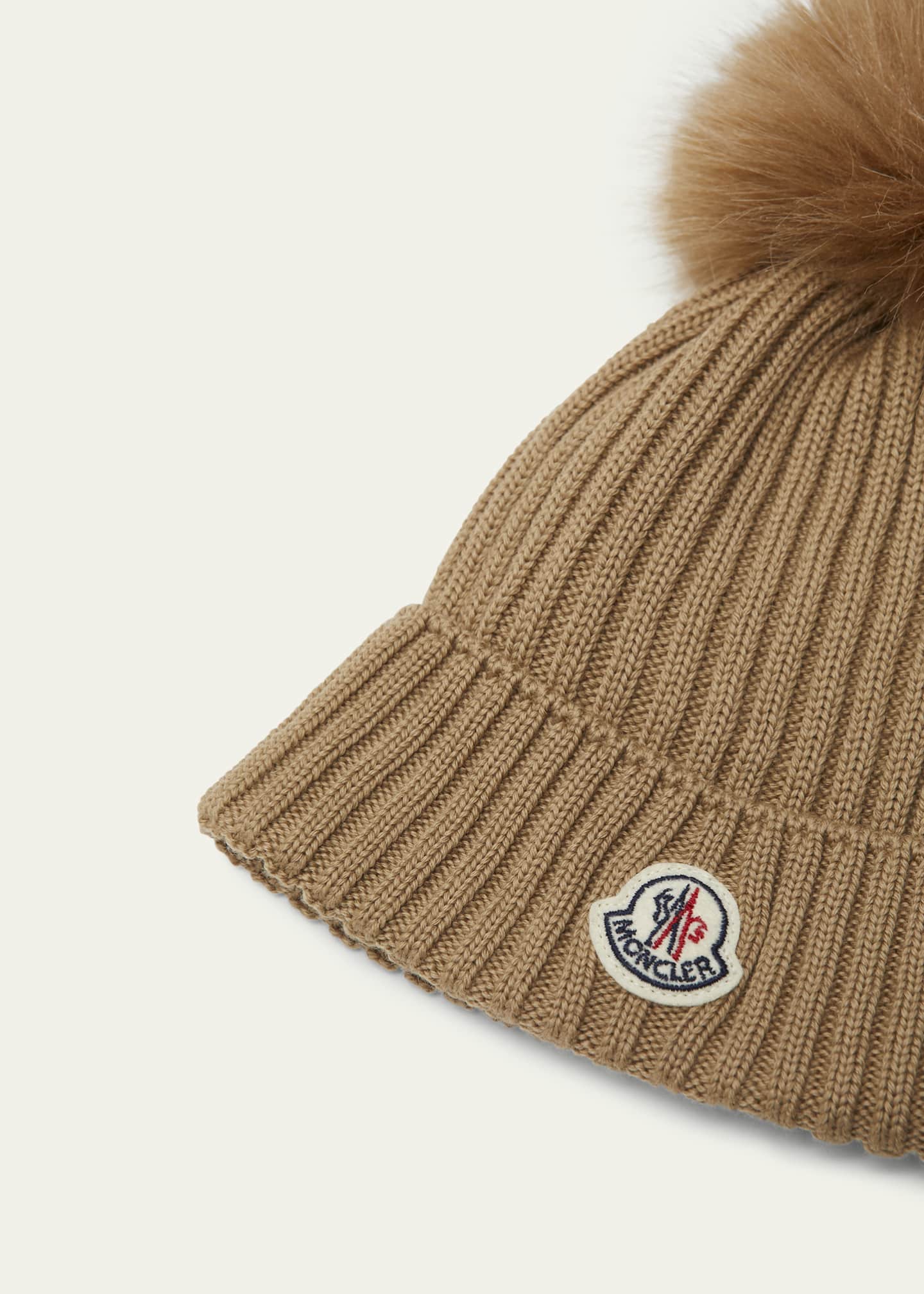 Moncler Ribbed Wool Beanie W/ Faux Fur Pom, Size S-L Image 2 of 2