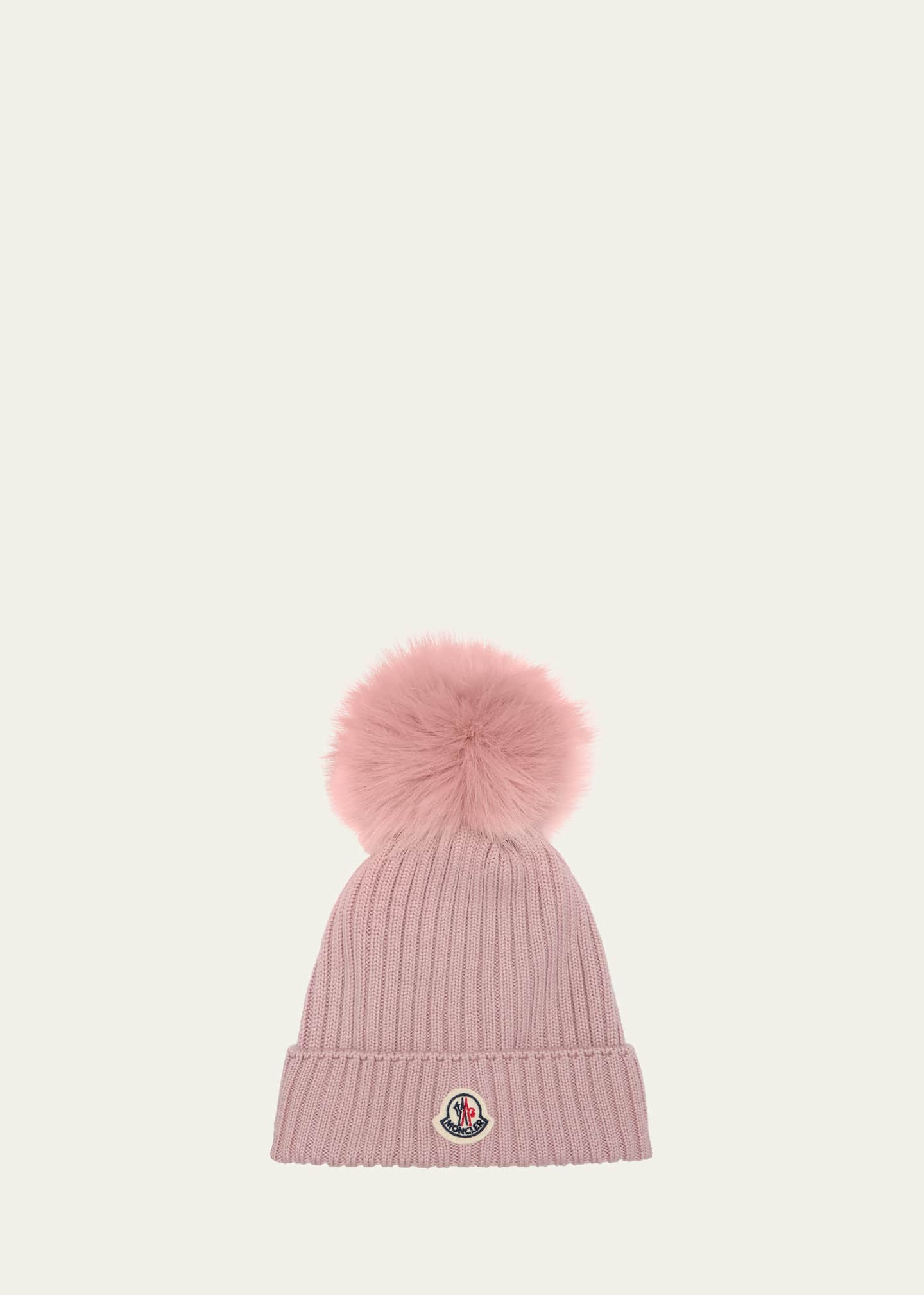 Moncler Ribbed Wool Beanie W/ Faux Fur Pom, Size S-L Image 1 of 2