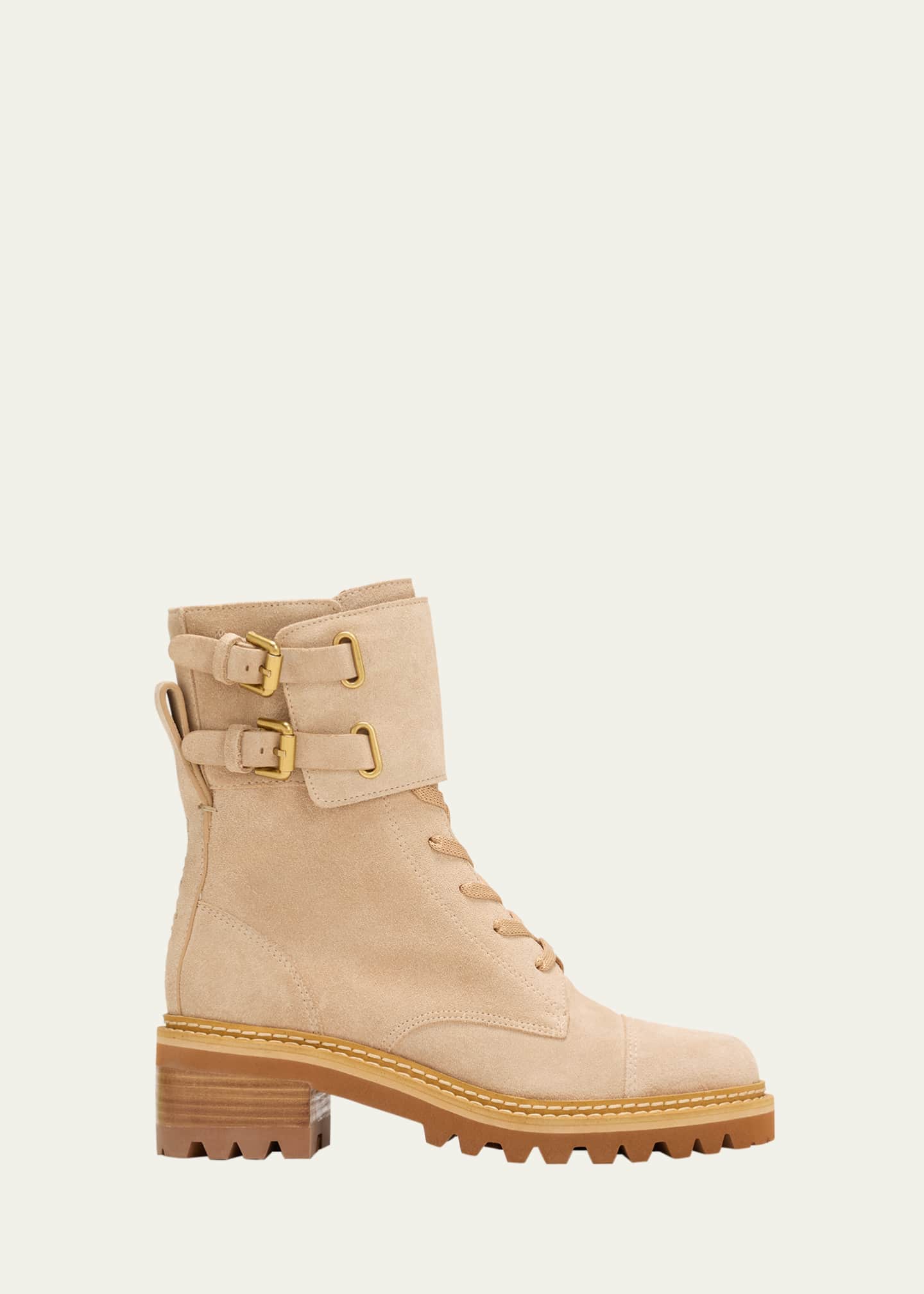 See by Chloe Mallory Suede Buckle Cuff Combat Boots Beige Women s 8b 38EU Boots Combat Boots