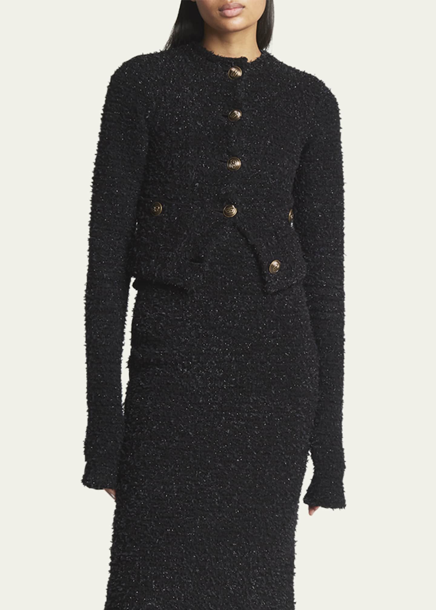Balenciaga Cropped Tweed Knit Cardigan with Logo Buttons Image 4 of 5