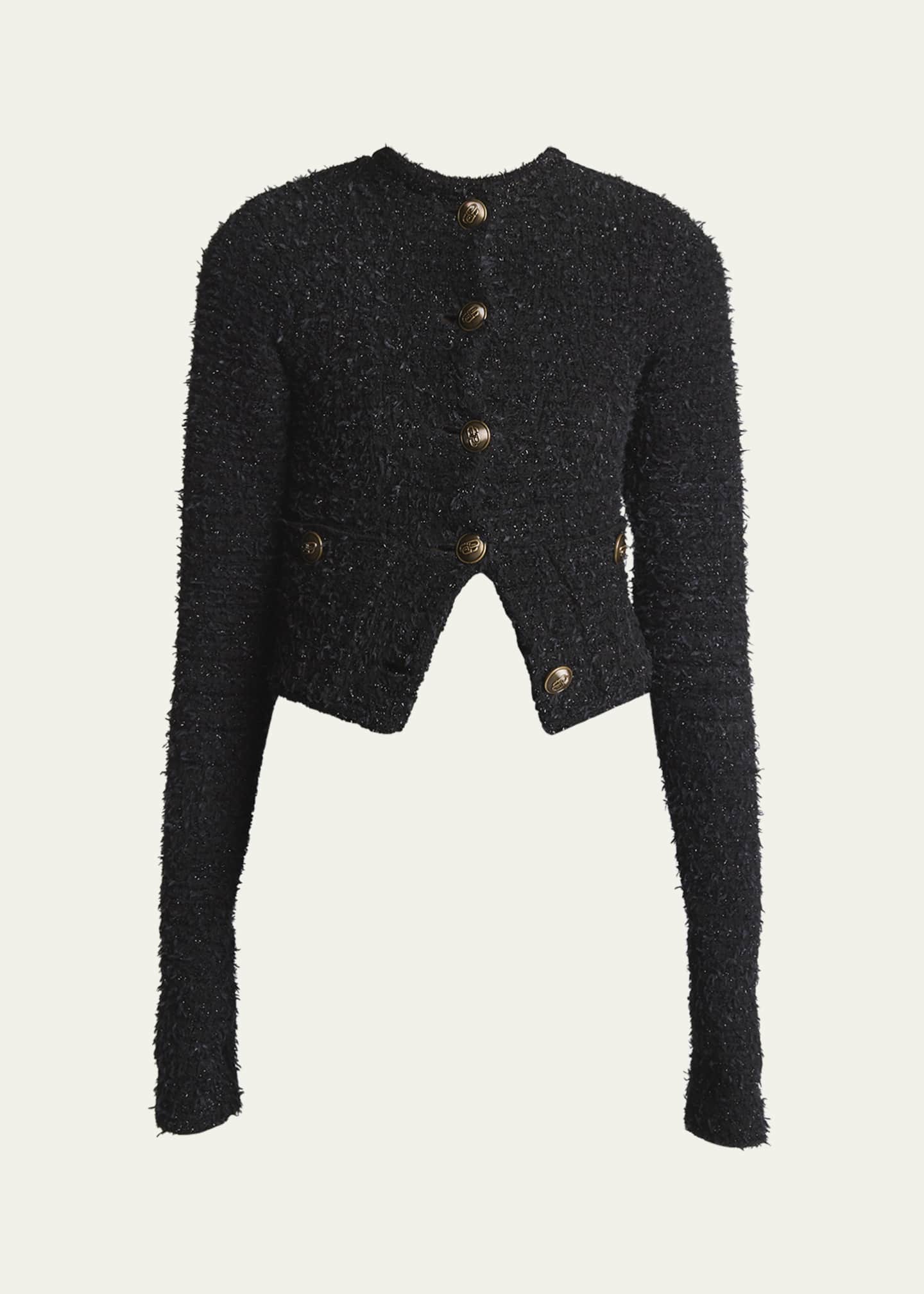 Balenciaga Cropped Tweed Knit Cardigan with Logo Buttons Image 1 of 5