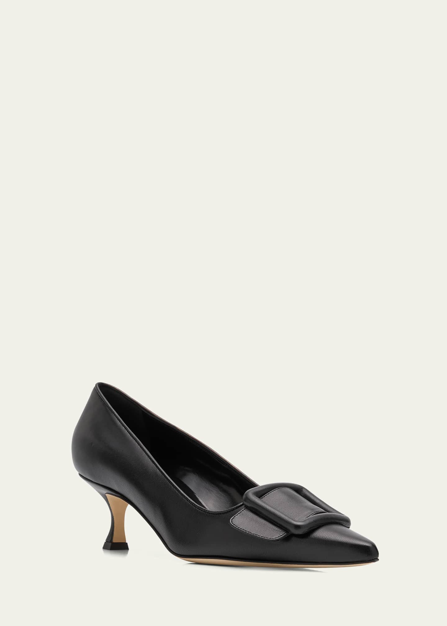Manolo Blahnik Maysale Leather Buckle Kitten Pumps Image 2 of 5