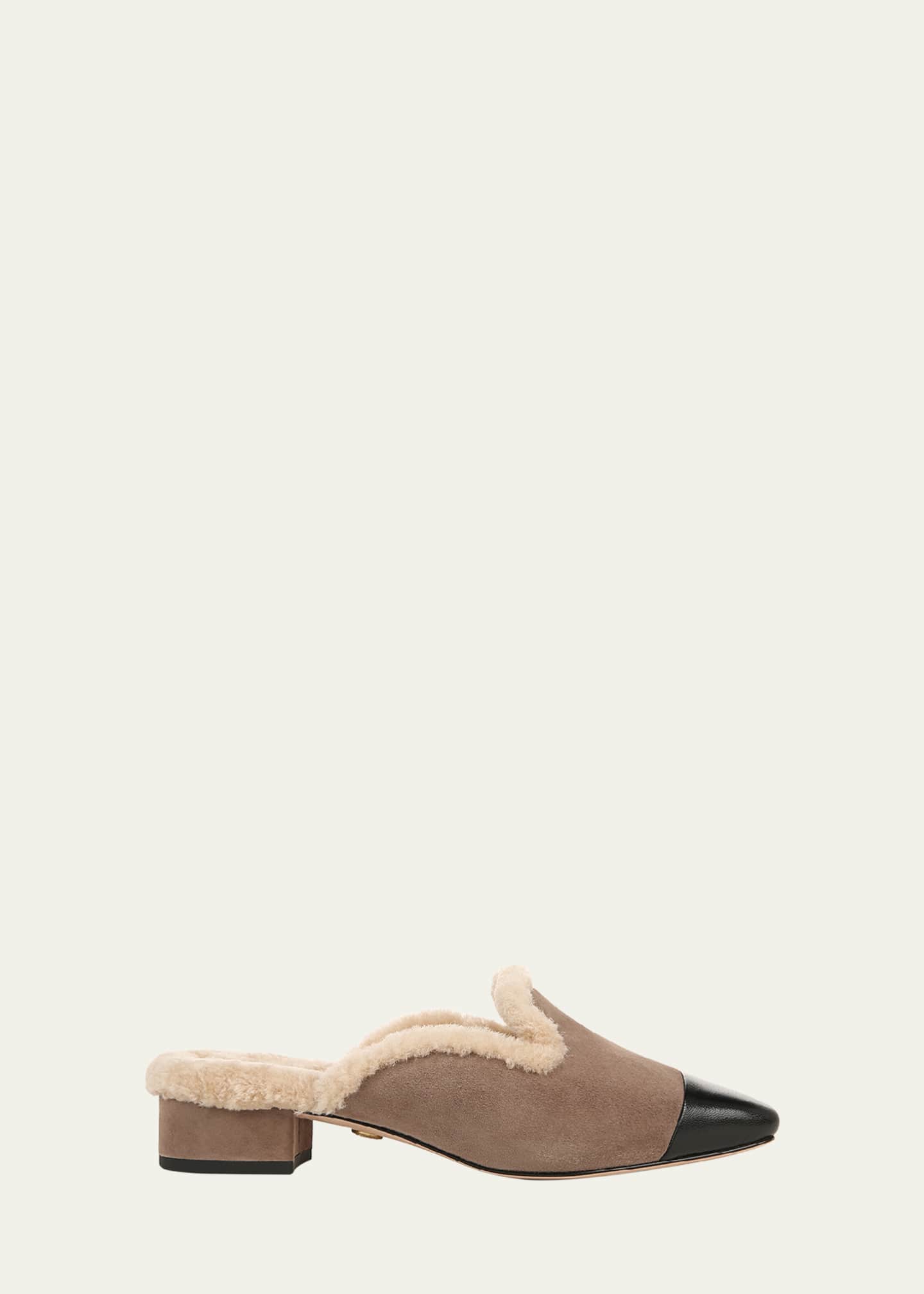 Veronica Beard Cecile Suede Shearling Cap-Toe Mules Image 1 of 5