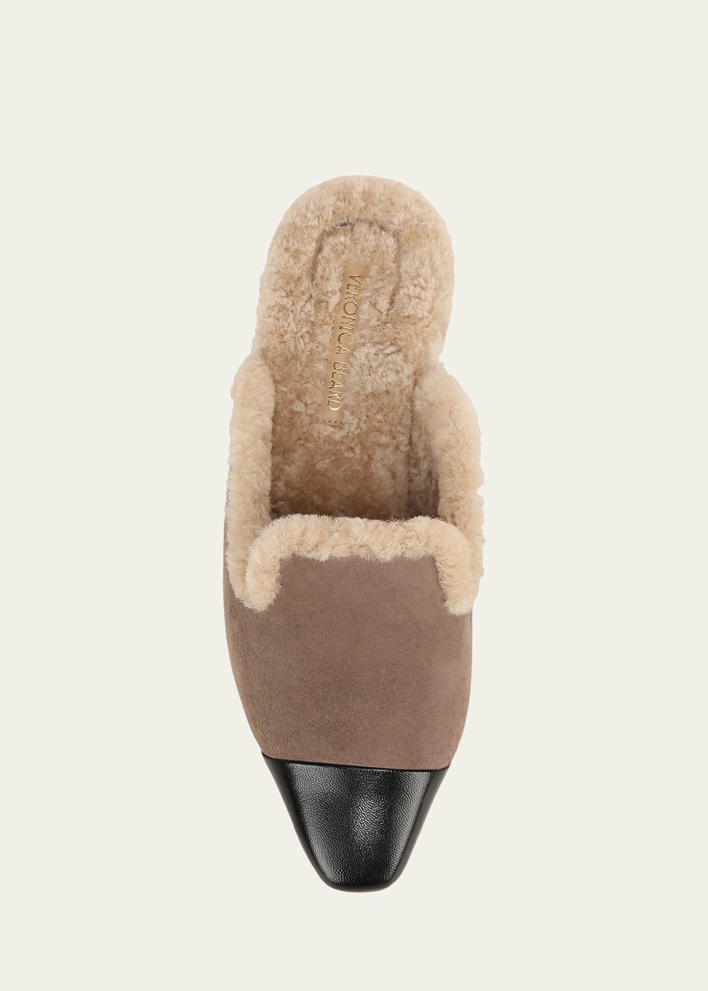 Veronica Beard Cecile Suede Shearling Cap-Toe Mules Image 5 of 5
