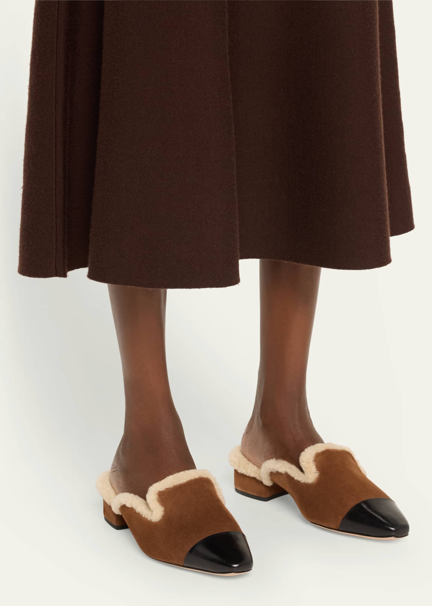 Veronica Beard Cecile Suede Shearling Cap-Toe Mules Image 2 of 5