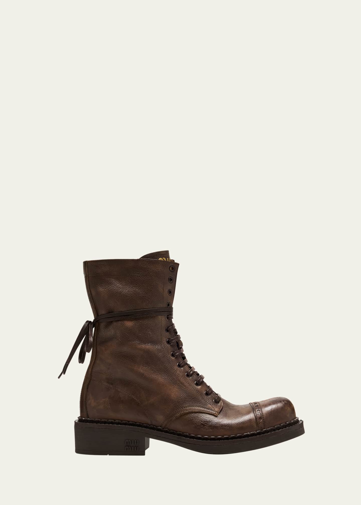 Miu Miu Calfskin Cap Toe Combat Boots Cacao