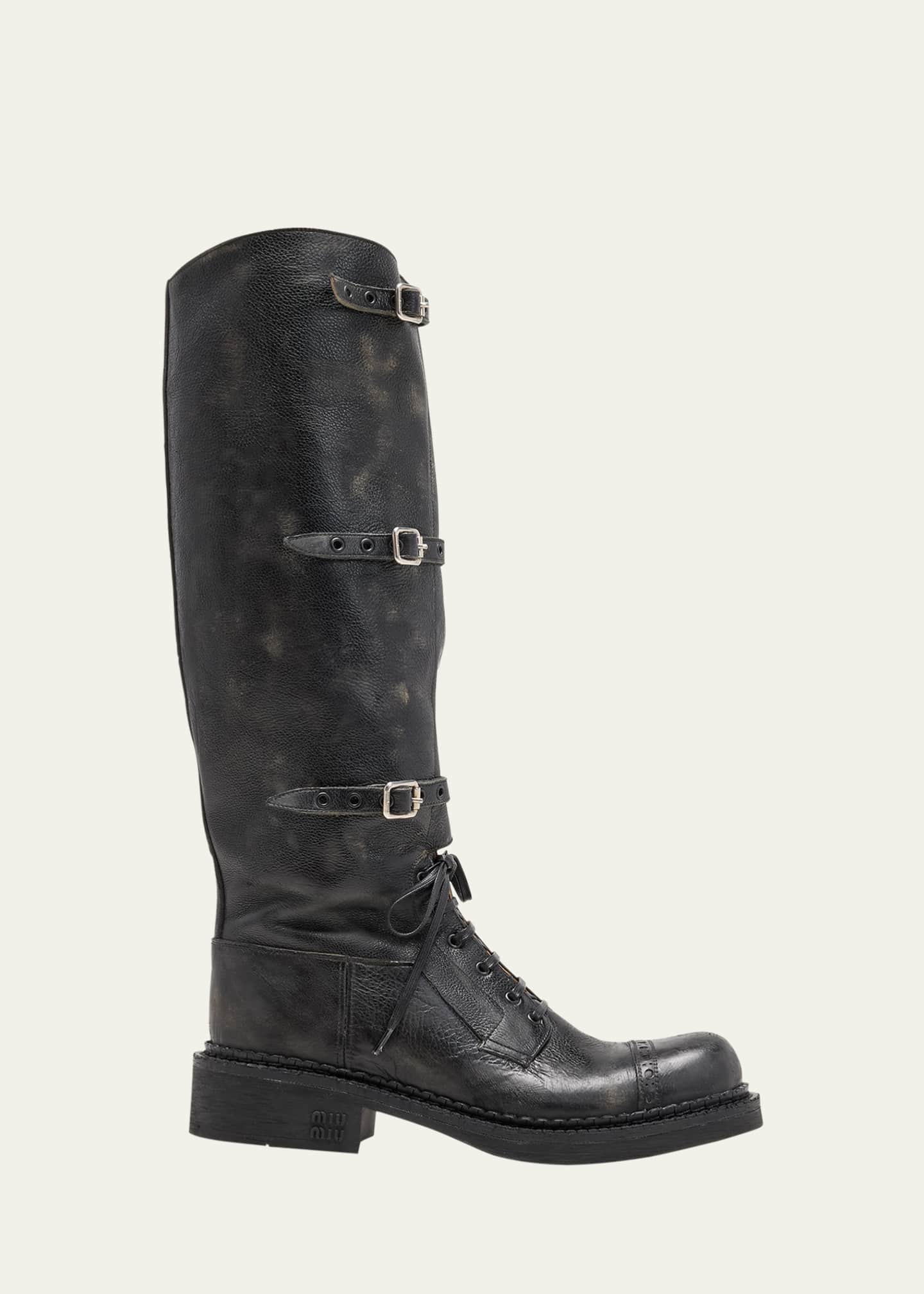 Miu Miu Antic Buckle Distressed Leather Knee High Boots