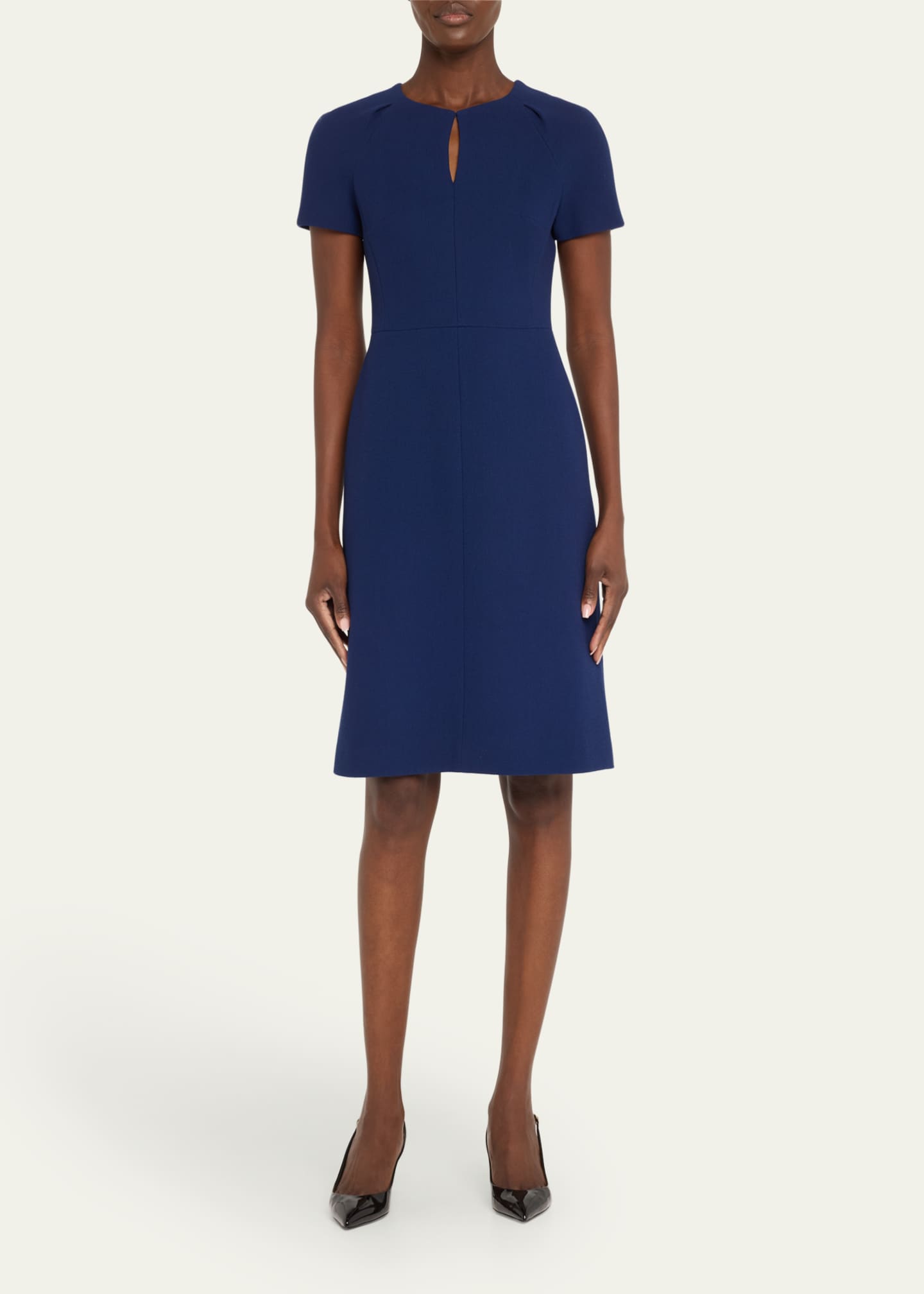 Kiton Short-Sleeve Wool Crepe Keyhole Dress, Navy Image 2 of 5
