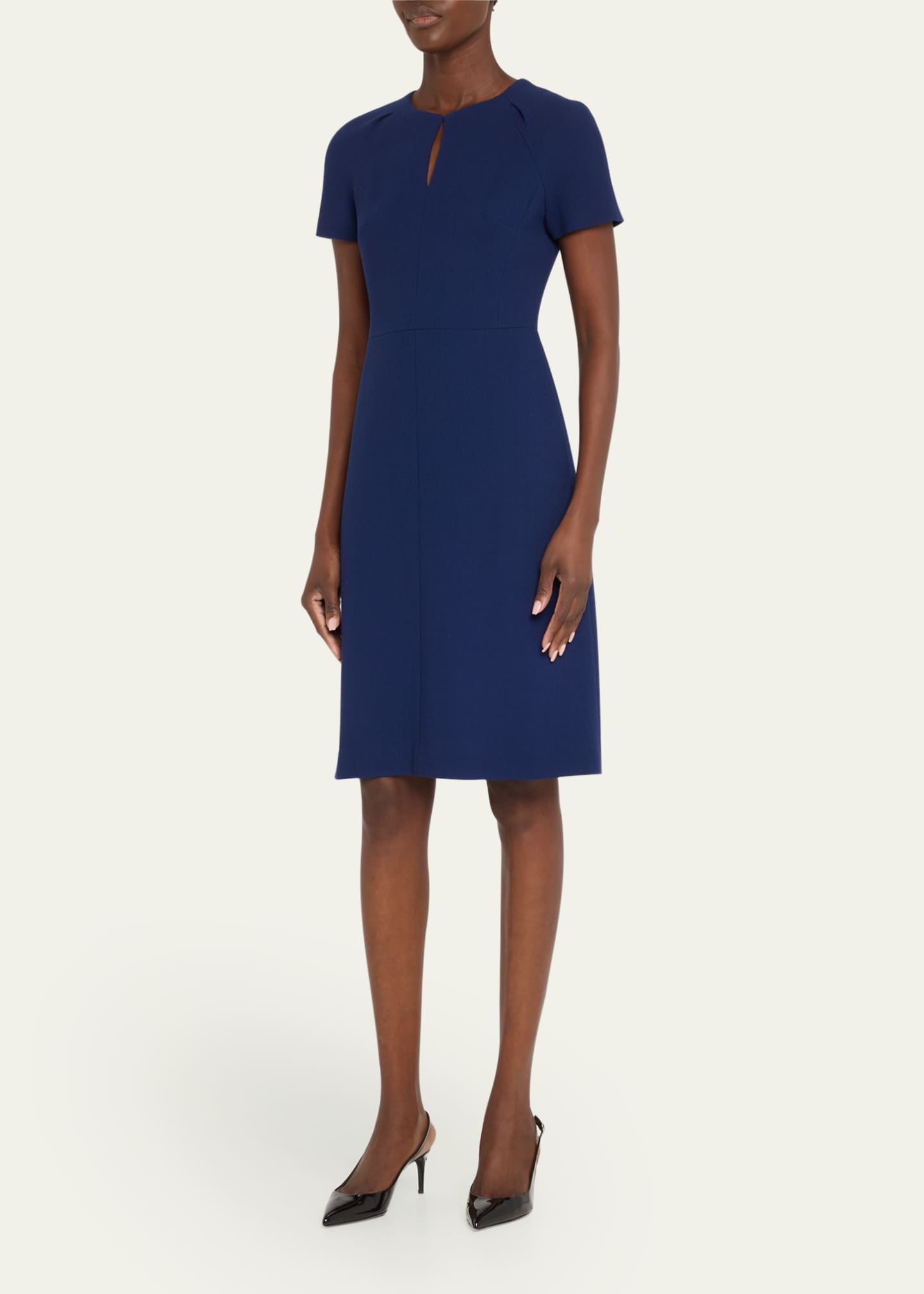 Kiton Short-Sleeve Wool Crepe Keyhole Dress, Navy Image 4 of 5